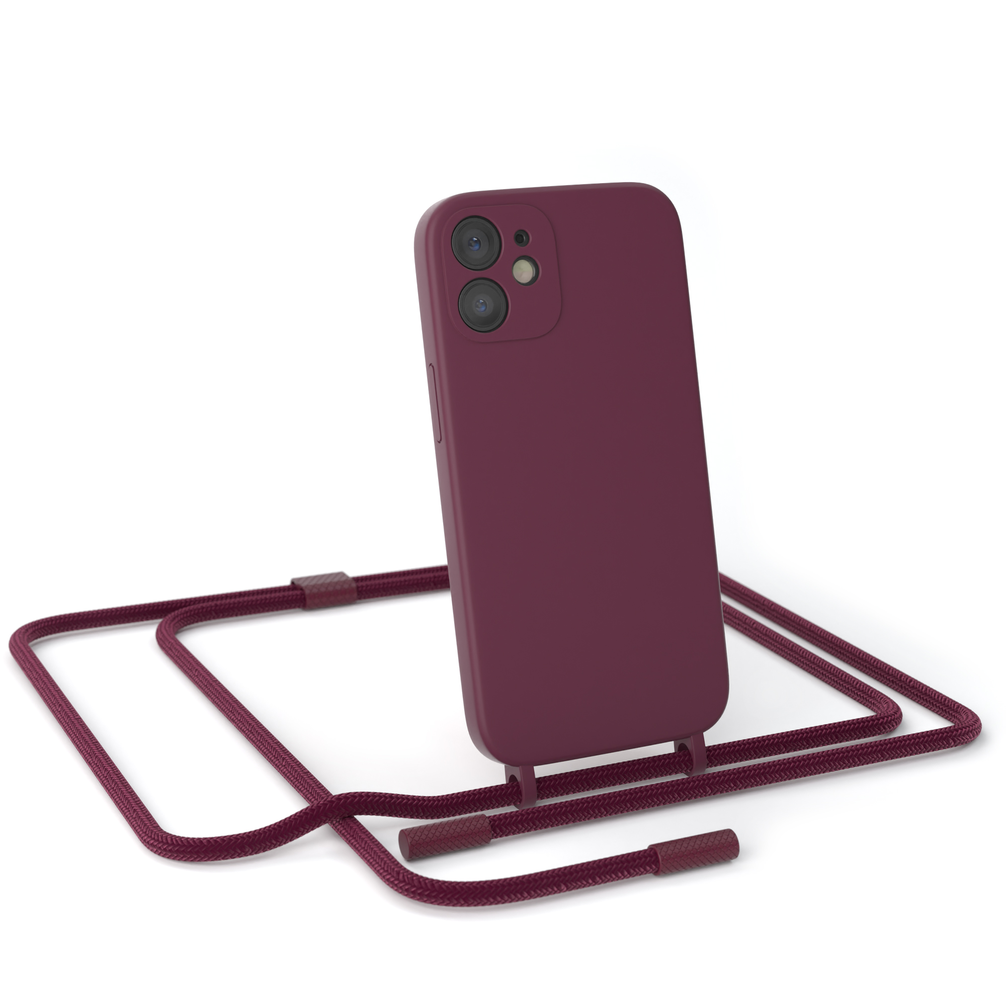 Lila Handyhülle mit Riemen. Telefon mit Kamera. Weißer Hintergrund.