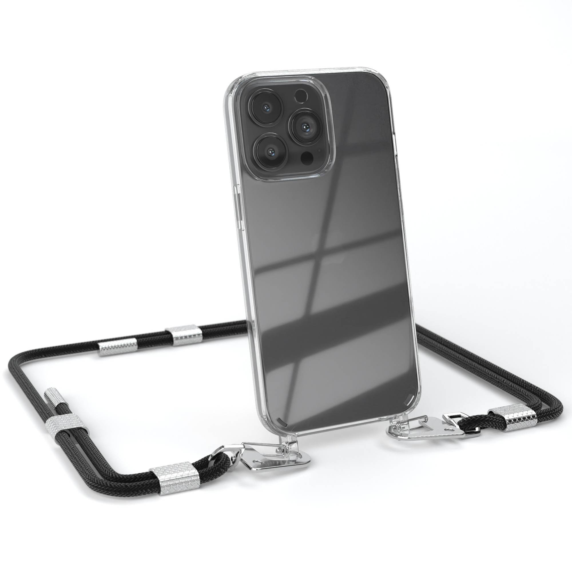 Schwarzes Telefon mit schwarzem Riemen. Goldakzente am Riemen. Das Telefon ist in einer transparenten Hülle.