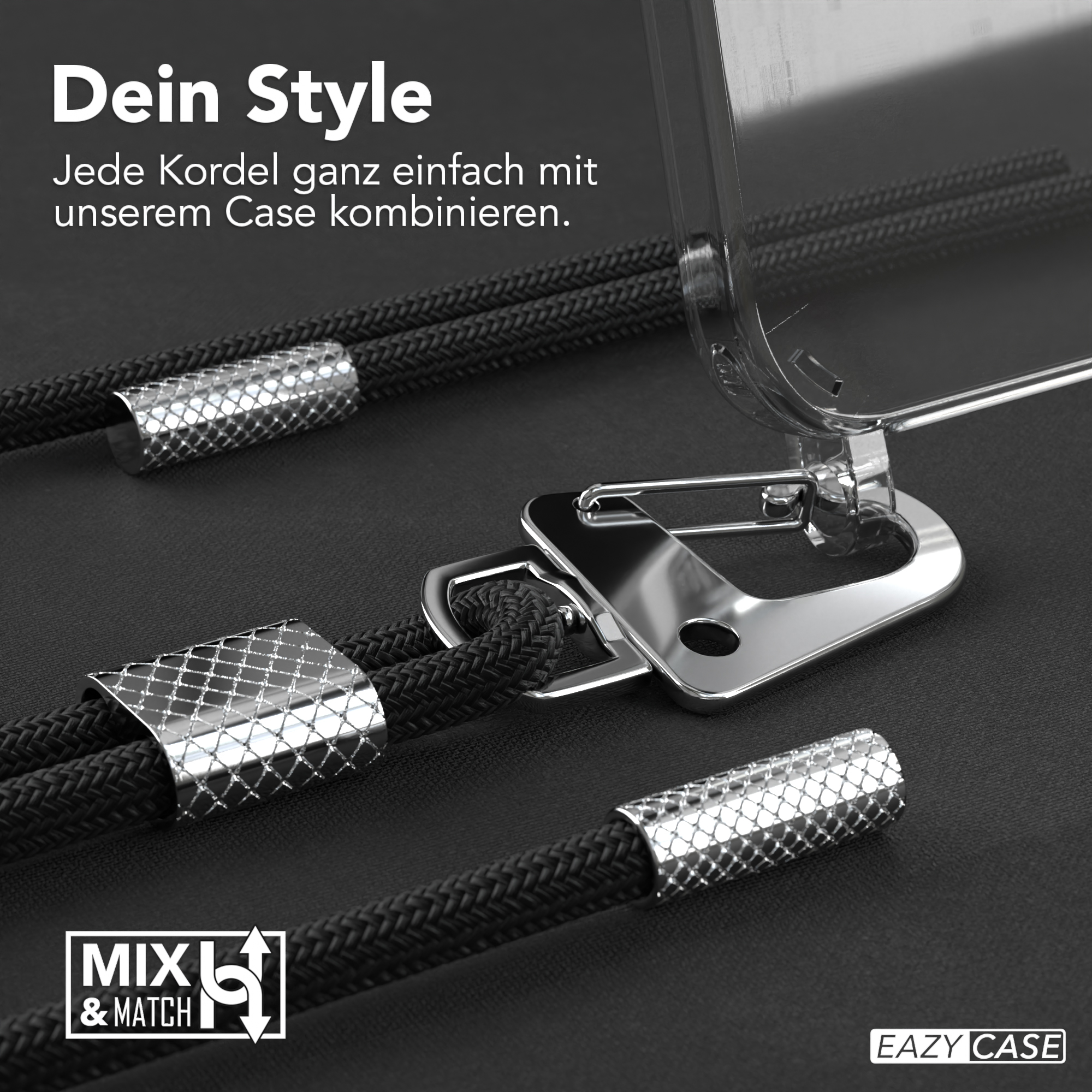 Nahaufnahme einer Handyhülle mit schwarzem Kordel. Ein silberner Verschluss ist befestigt. Der Hintergrund ist schwarz.