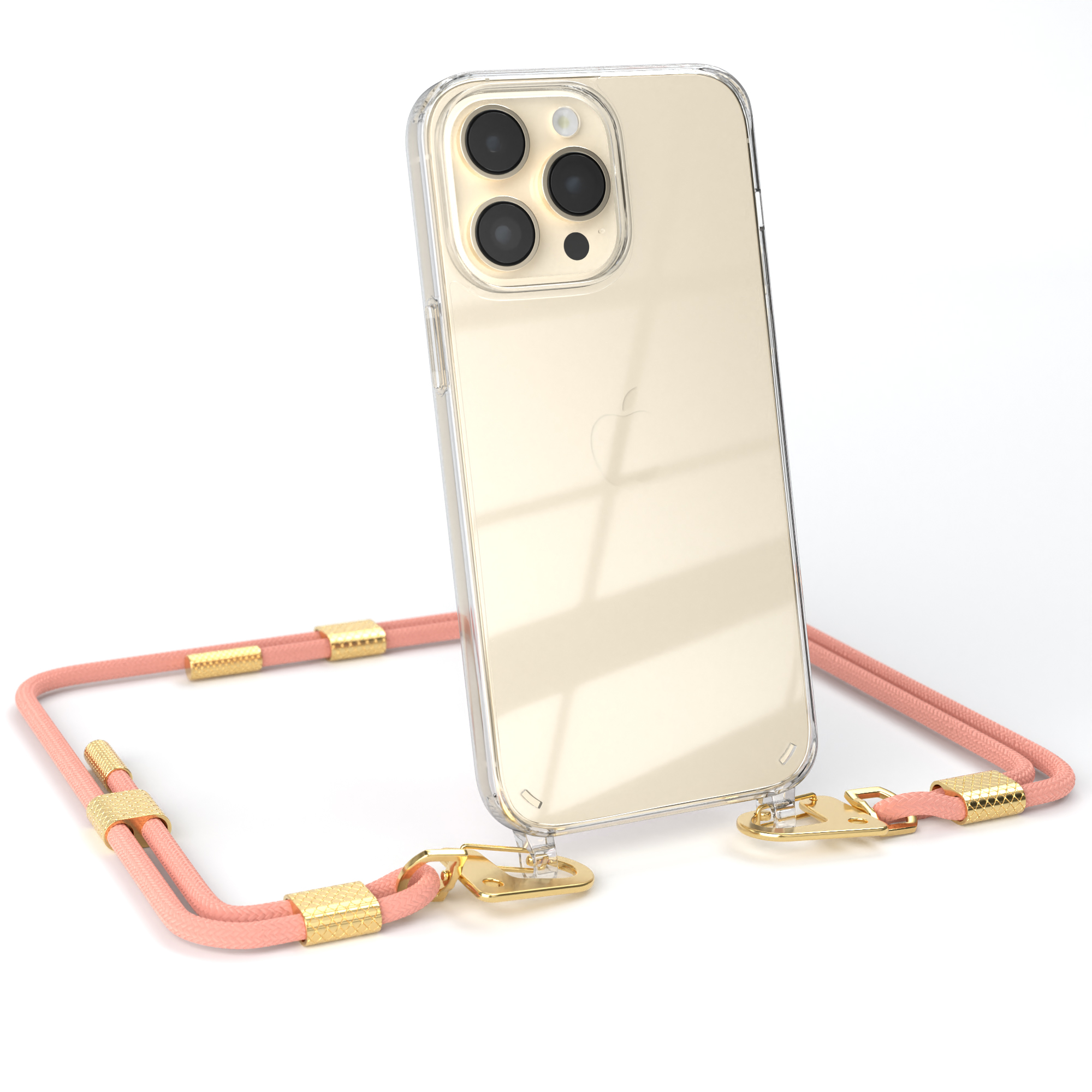 Transparente Handyhülle mit rosa Riemen und goldenen Verschlüssen, hält ein iPhone, auf Weiß.