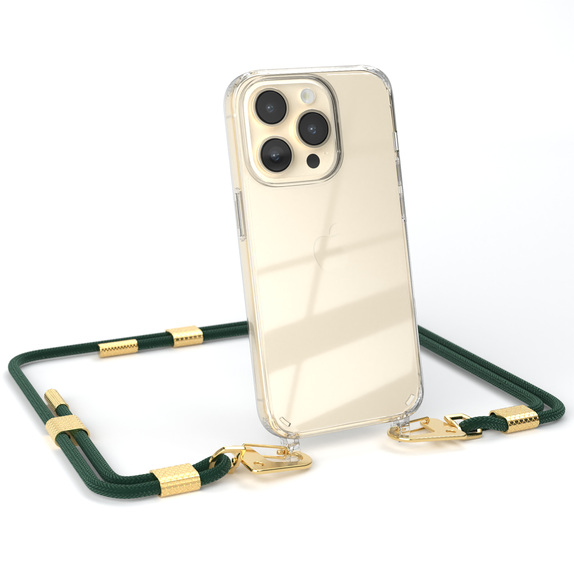 Telefon mit transparenter Hülle und grünem Kabel.