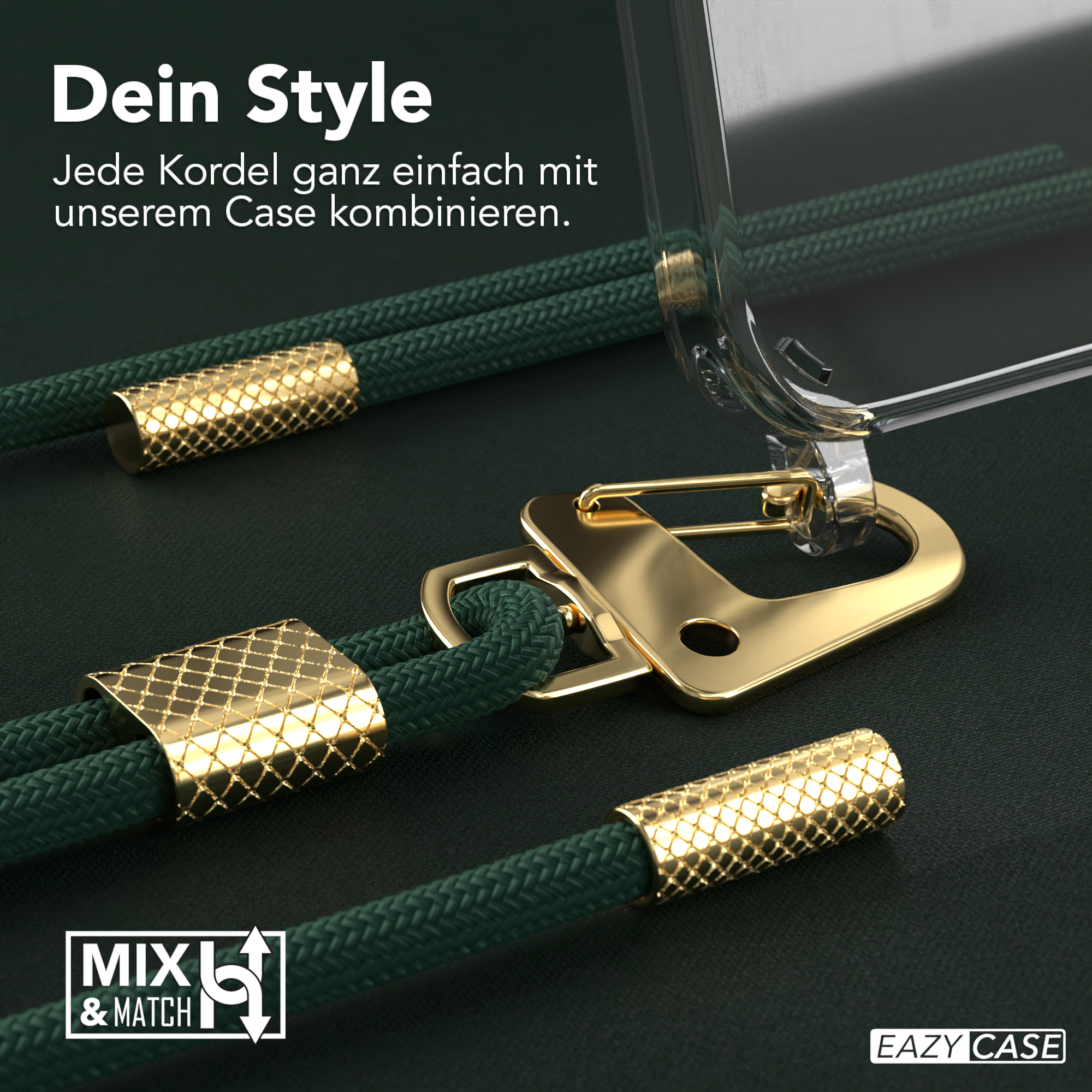 Nahaufnahme einer grünen Telefonschnur mit goldenen Akzenten, eine transparente Hülle bedeckt teilweise ein Telefon. MXL & MATCH Logo.