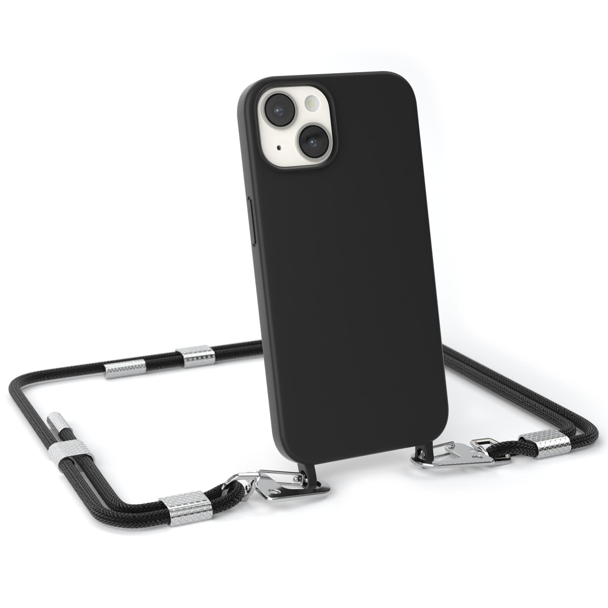 Schwarzes Telefon mit schwarzer Hülle und Lanyard. Das Lanyard ist um das Telefon. Das Telefon hat Kameras.