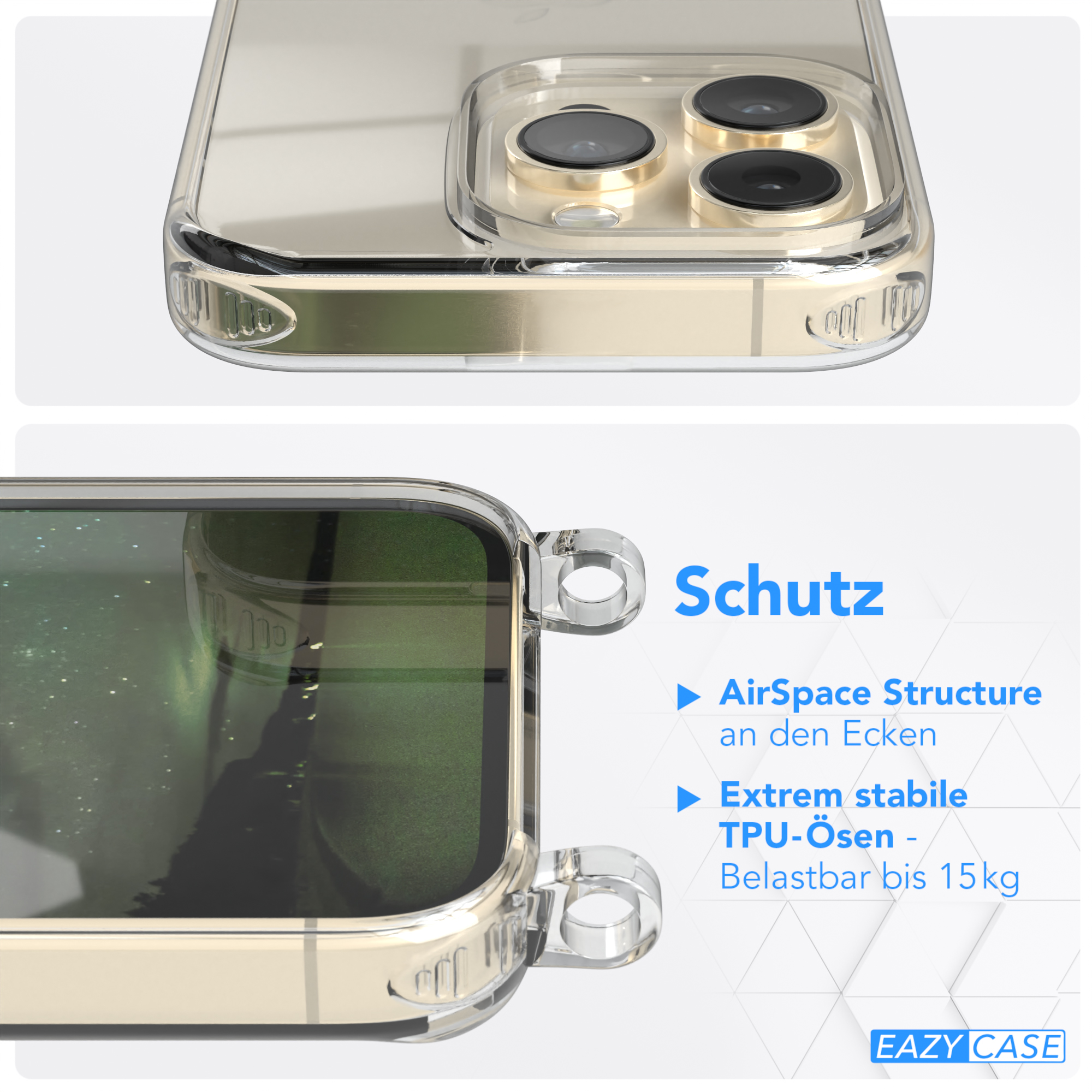 Transparente Handyhülle mit goldenem Telefon, das Struktur- und Schutzmerkmale zeigt.