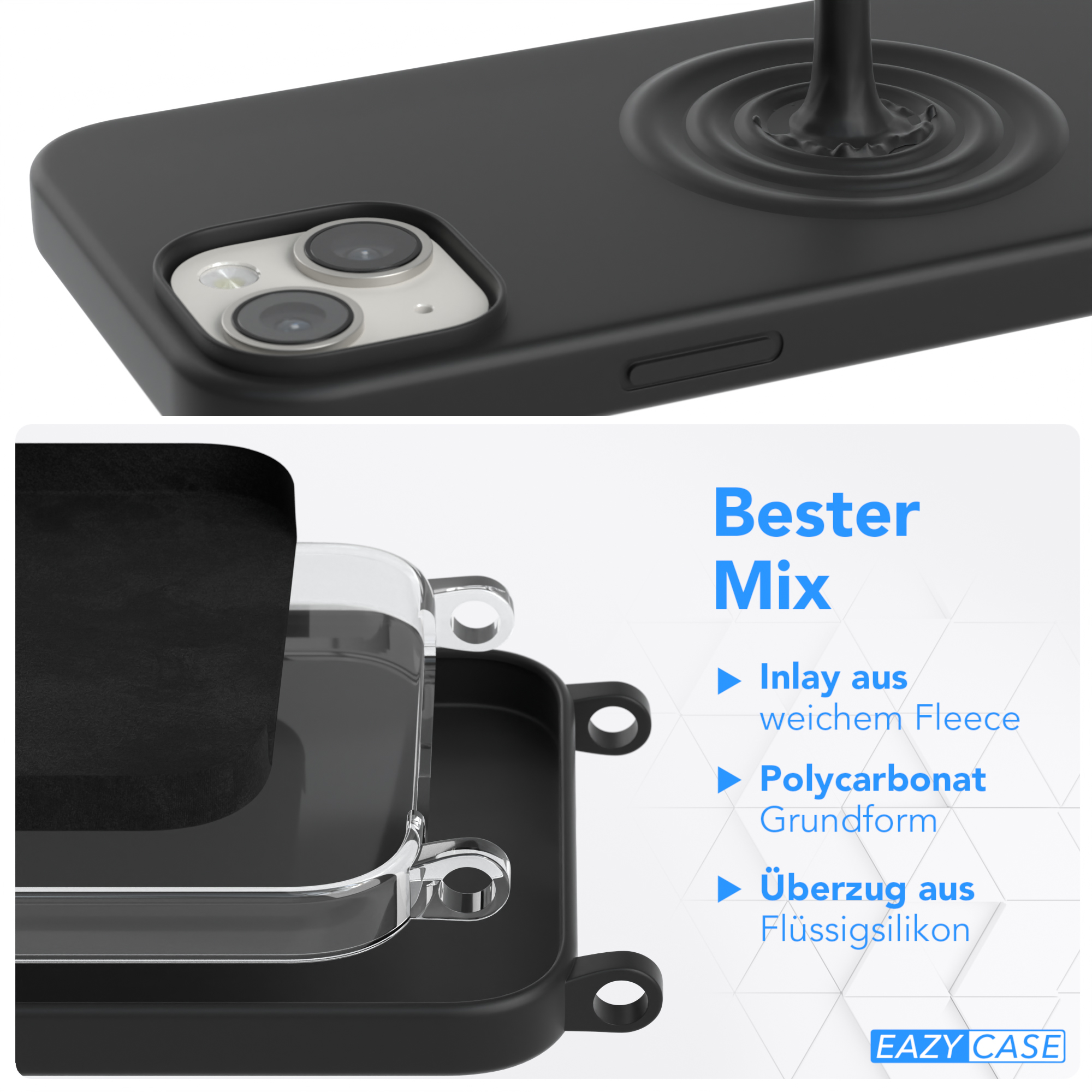 Schwarze Handyhülle mit einem Telefon. Text: 'Bester Mix', mit Schichtbeschreibung und EAZY CASE Logo.