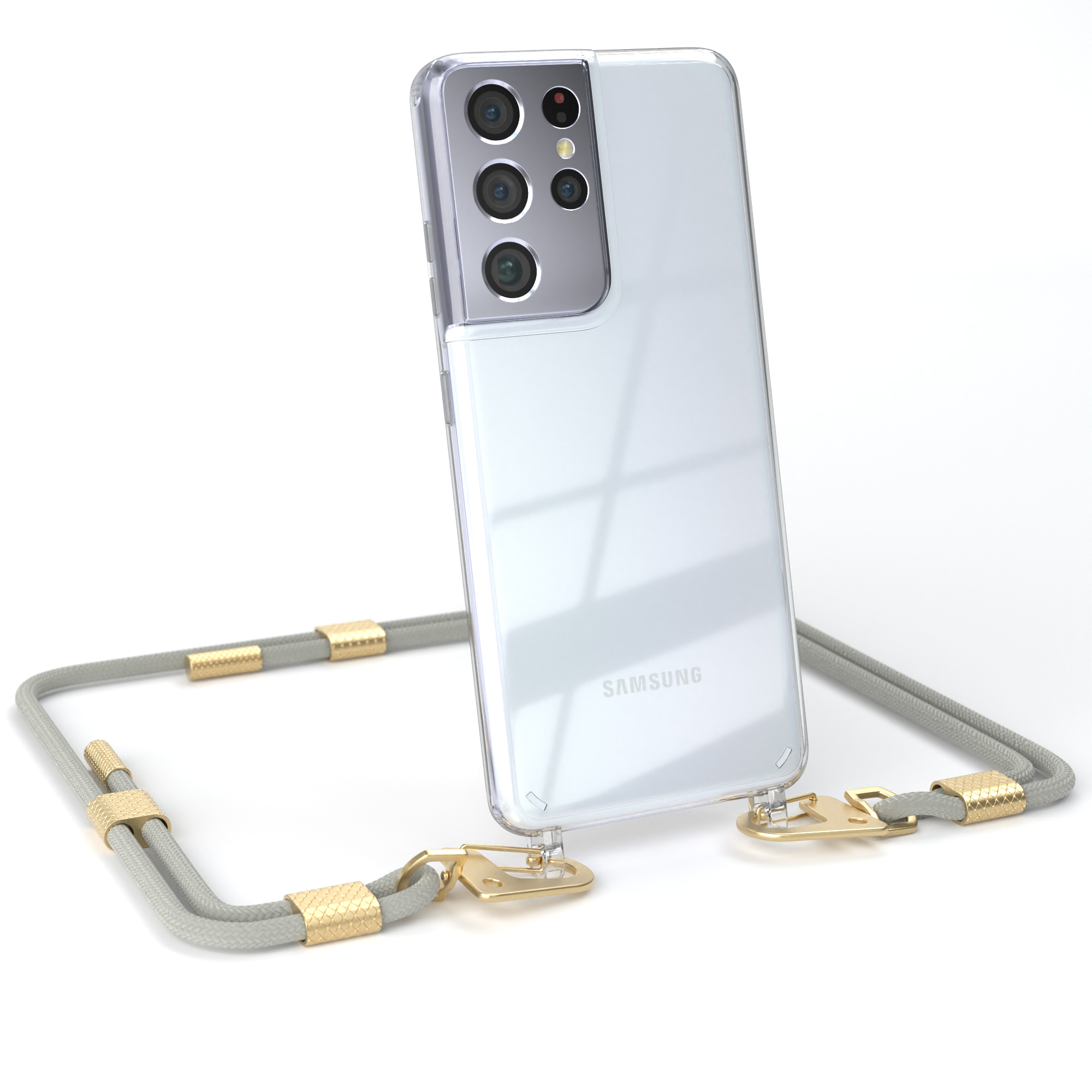 EAZY CASE Transparente Umhängetasche, Ultra Galaxy / Handyhülle Matt Karabiner, Taupe Gold Beige runder 5G, S21 + mit Samsung, Kordel