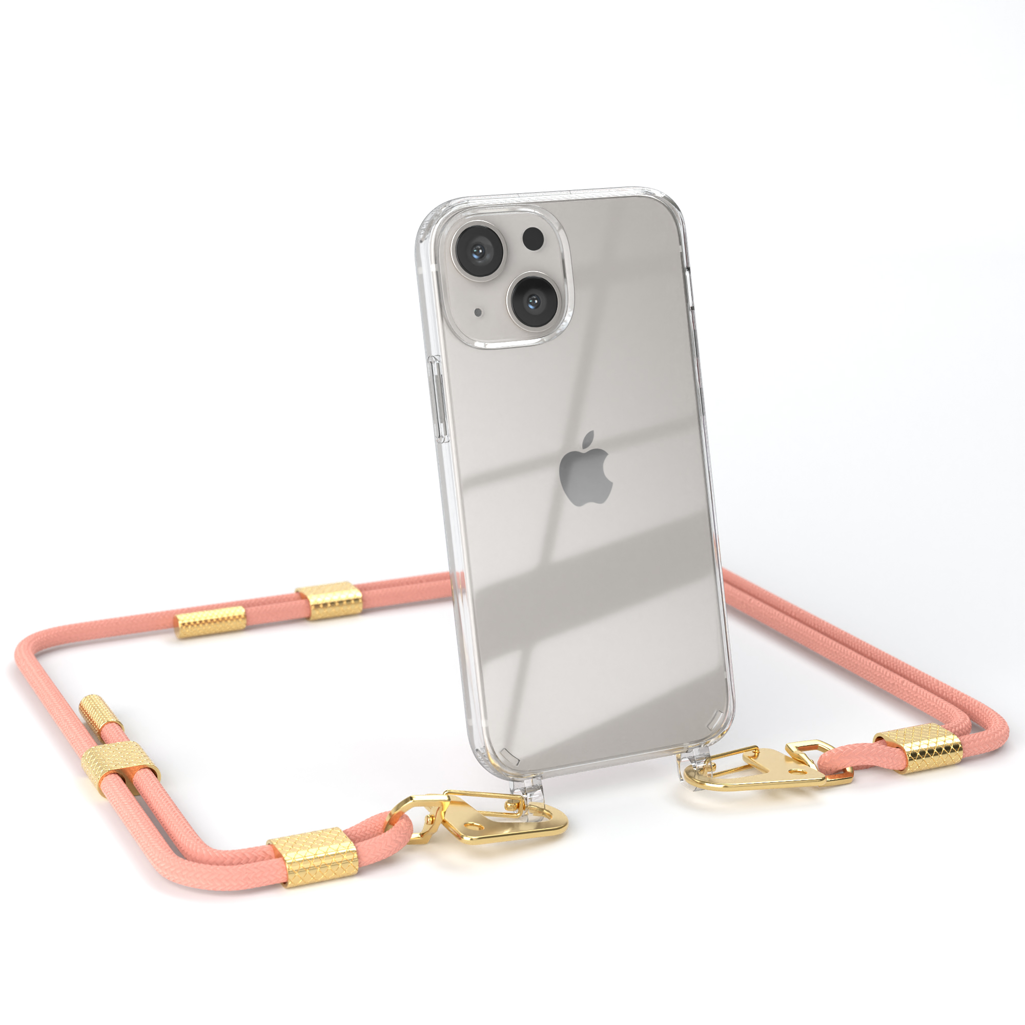 Telefon in klarer Hülle mit Pfirsich-Gurt und goldenen Akzenten, weißer Hintergrund.