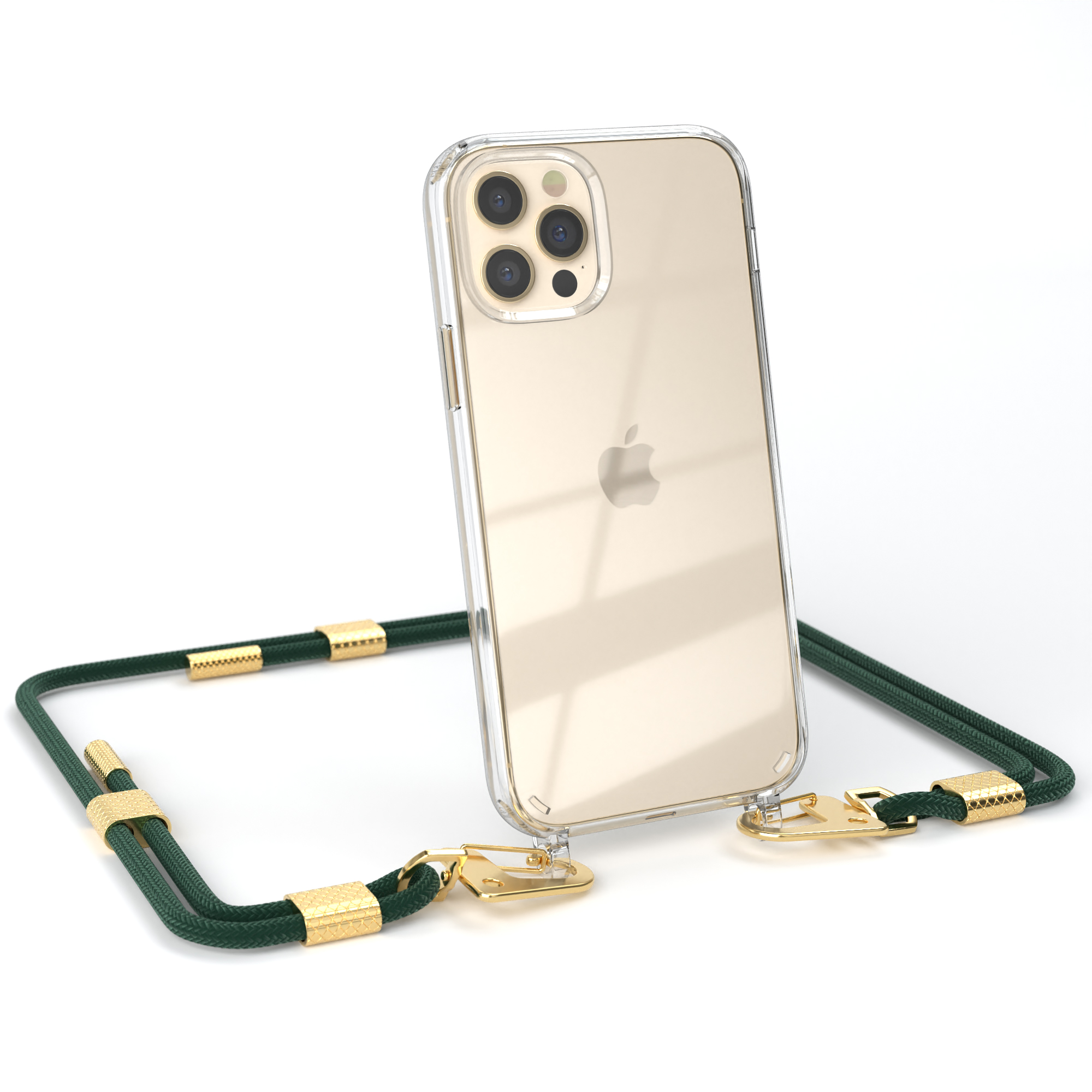 Transparente Handyhülle mit grünem Lanyard und goldenen Akzenten. iPhone. Weißer Hintergrund.