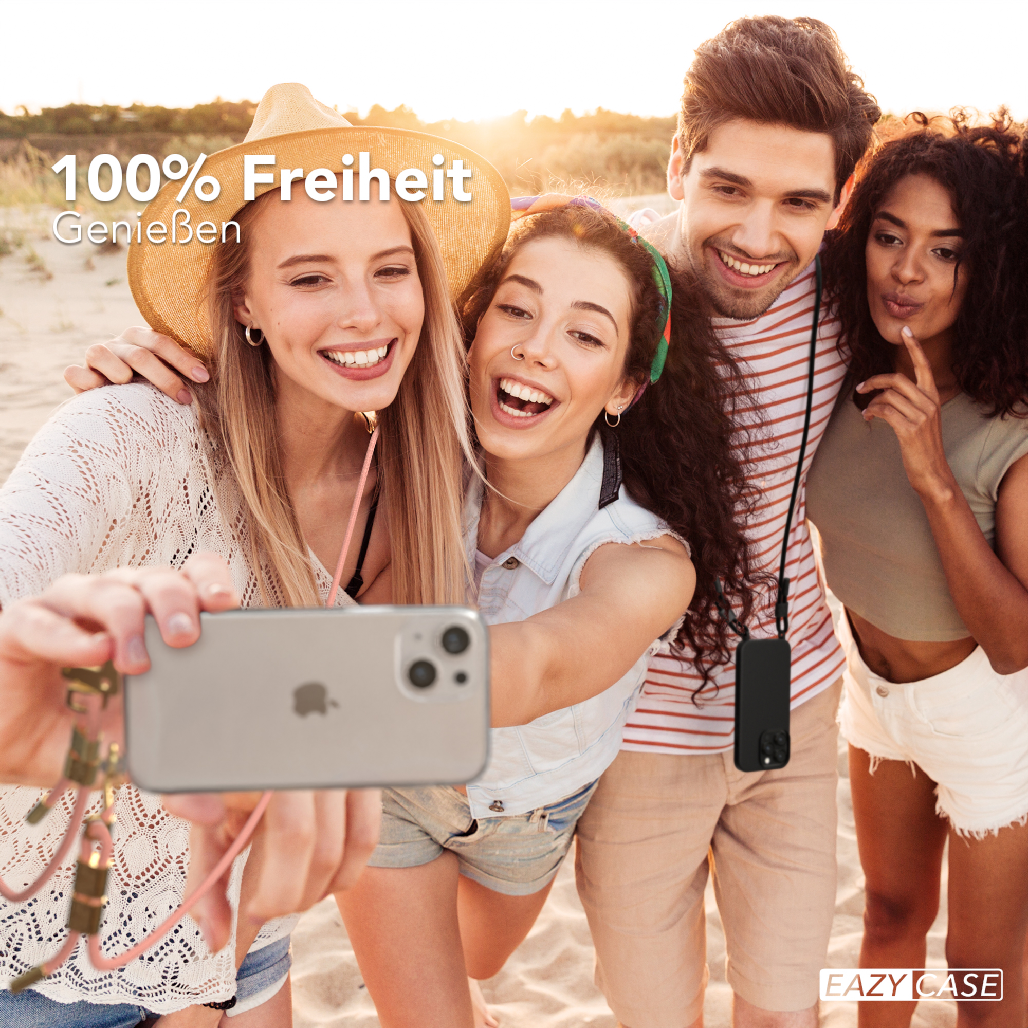 Gruppe von Leuten, die ein Selfie mit einem Telefon am Strand machen, lächeln und glücklich, Handyhülle.