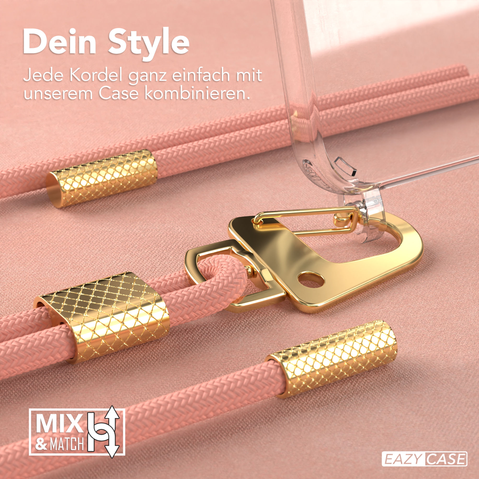 Telefon mit rosa Kordel und goldenen Details. Die Kordel ist an einer transparenten Handyhülle befestigt.