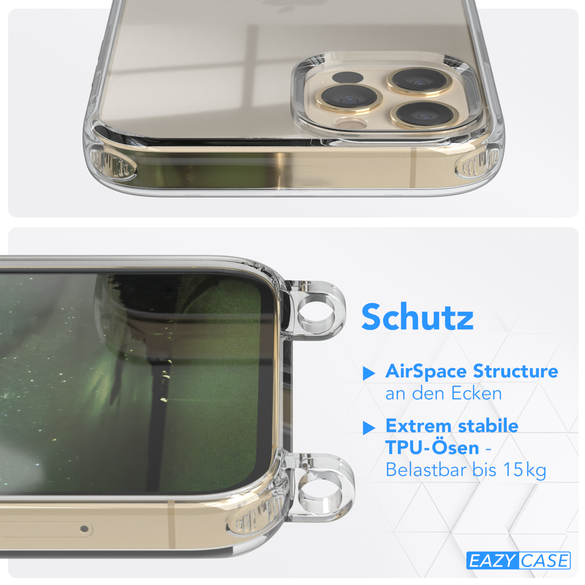 Nahaufnahme einer durchsichtigen Handyhülle auf einem goldenen Telefon. Die Hülle hat einen transparenten Rücken.