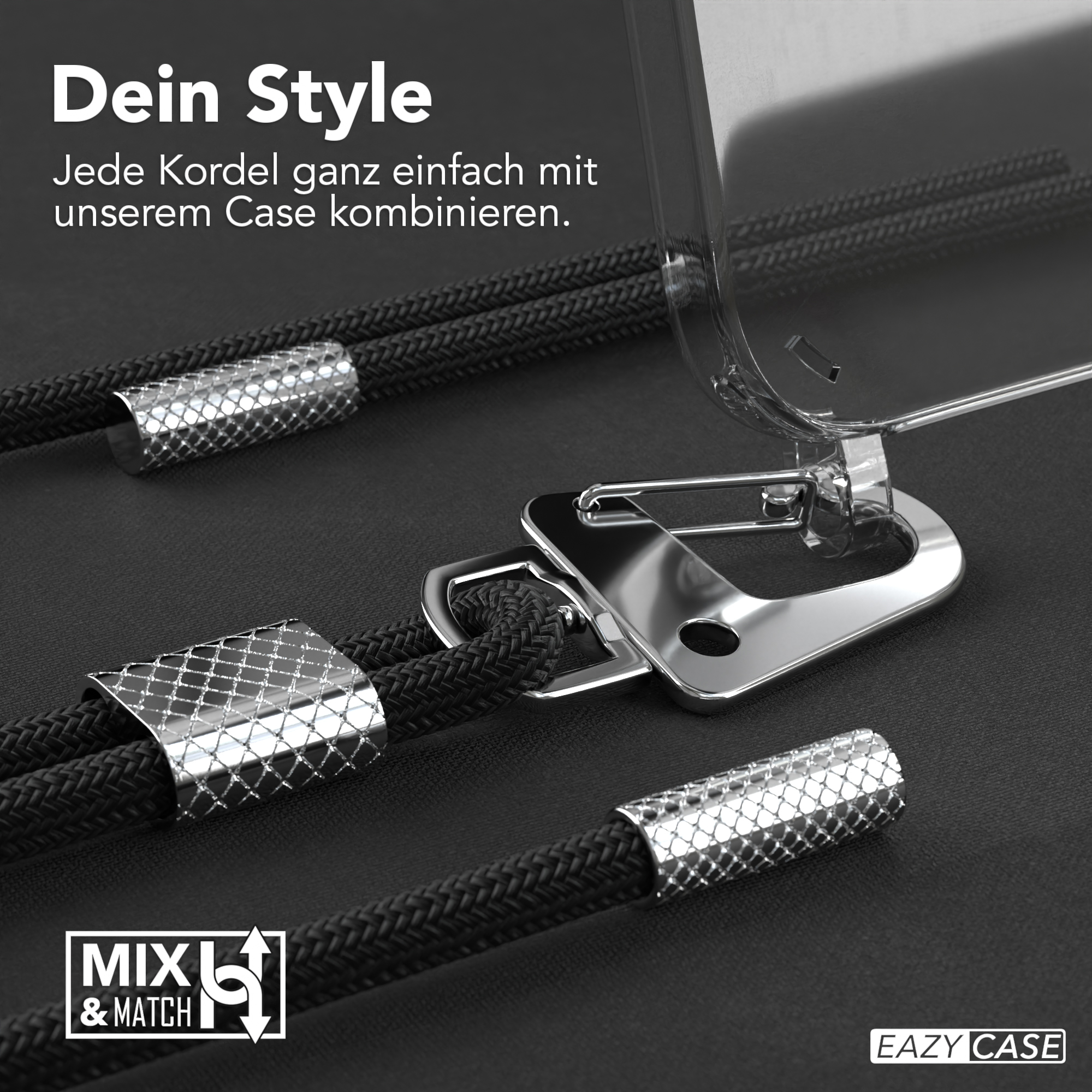 Eine Handyhülle mit schwarzem Seil und silbernen Akzenten, Metallverbindern. Die Hülle ist transparent.