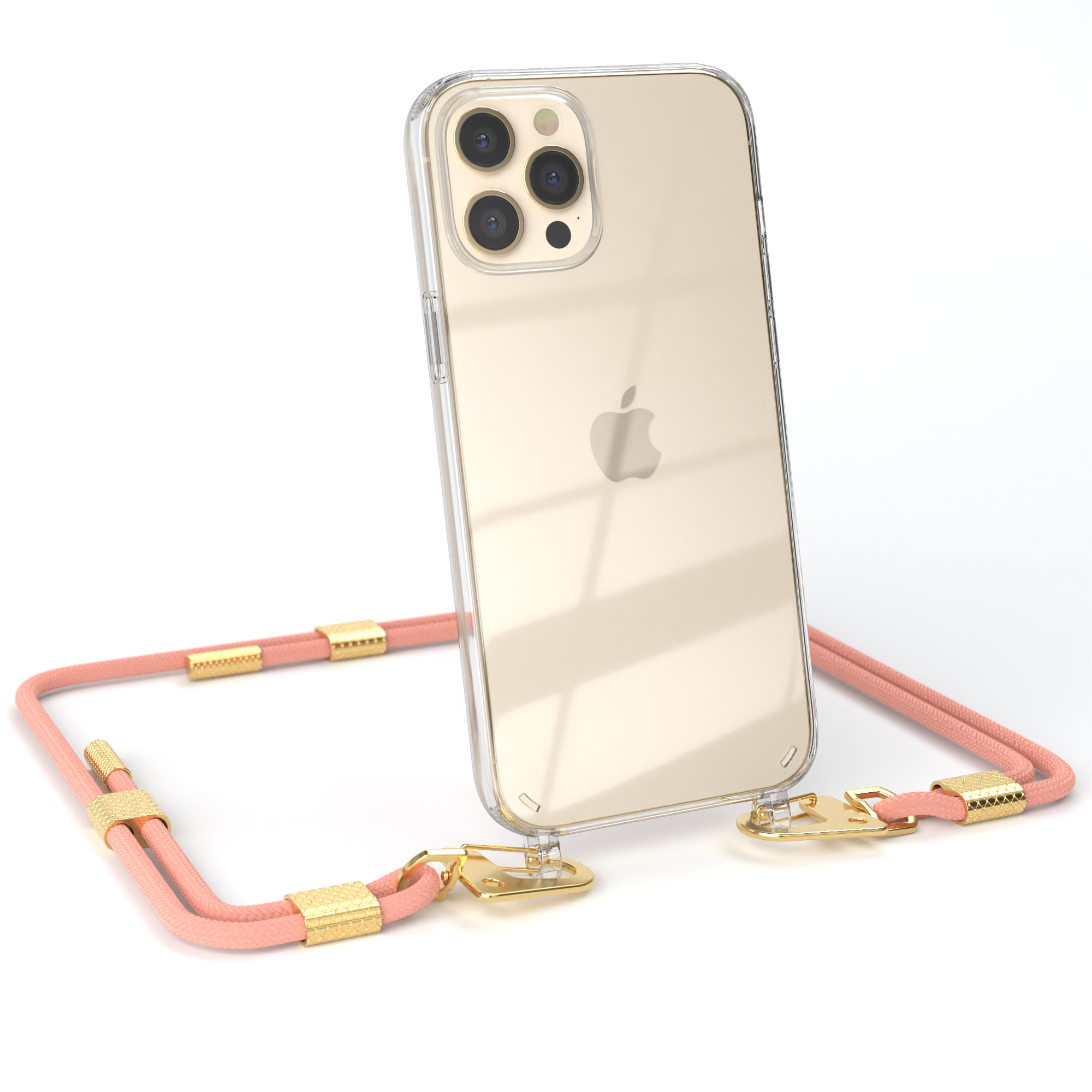 Transparente Handyhülle mit rosa Kordel. iPhone mit mehreren Kameras. Goldakzente.