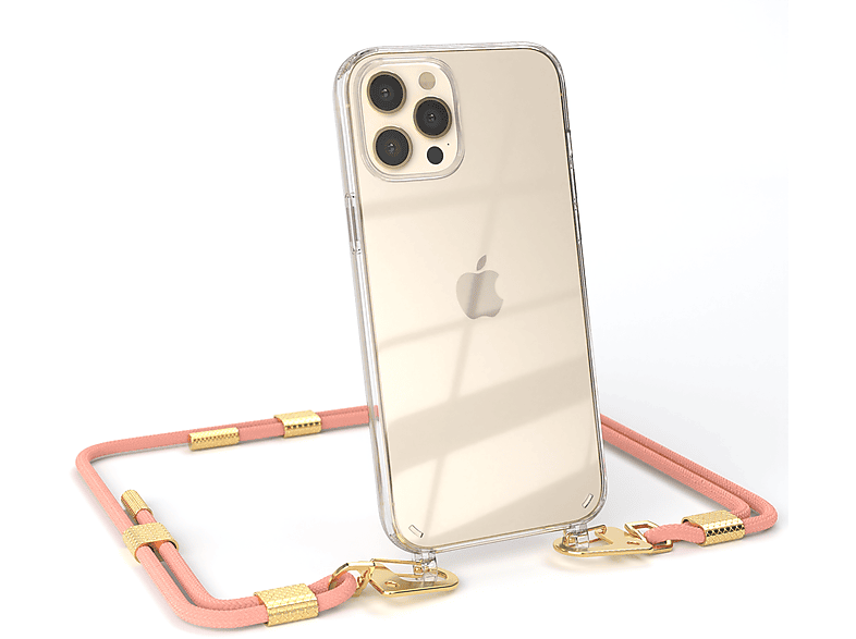 EAZY CASE Transparente Handyhülle mit Altrosa Karabiner, Gold Umhängetasche, Max, + Pro 12 runder Kordel / Apple, iPhone