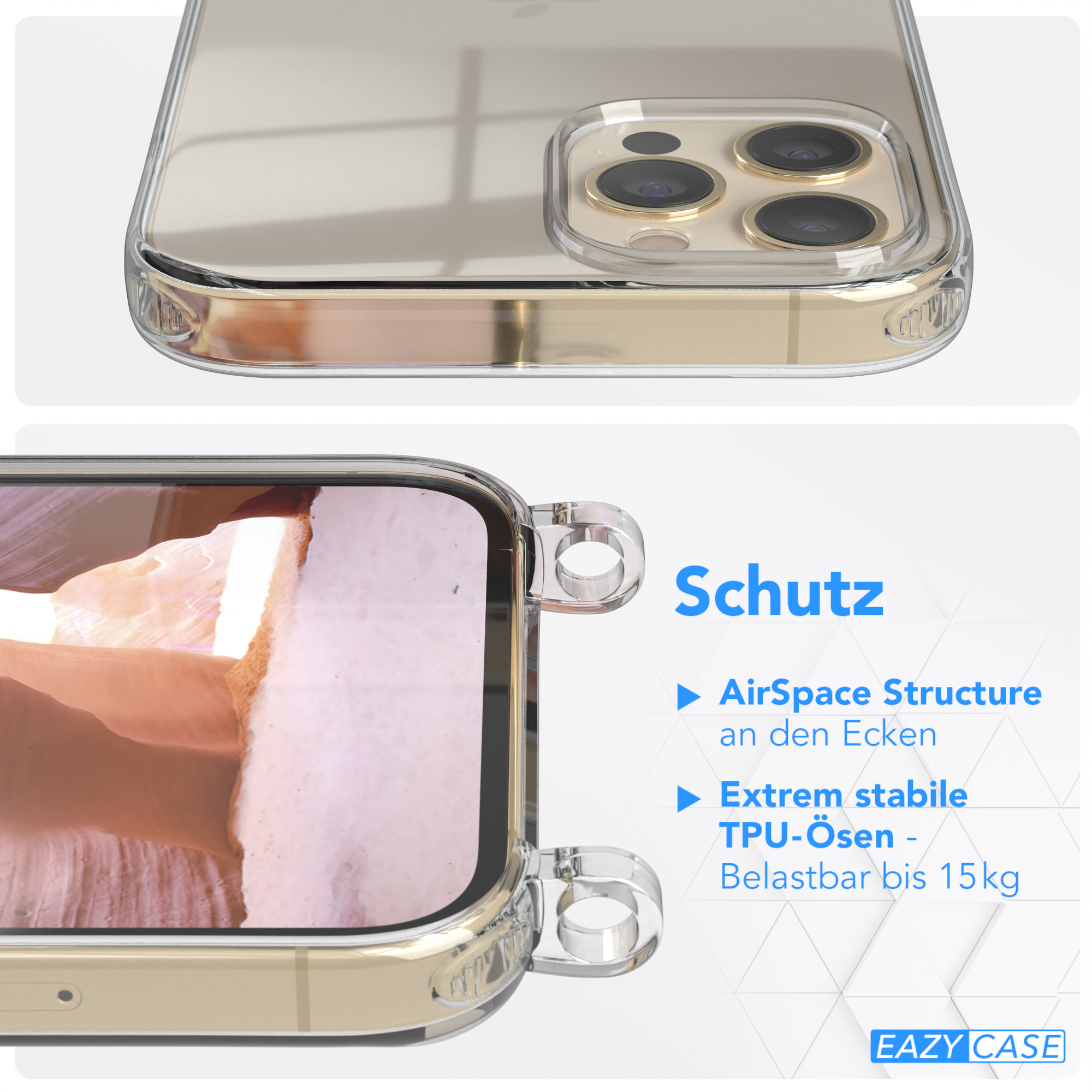 EAZY CASE Transparente Kordel Karabiner, Umhängetasche, + Altrosa Handyhülle / 12 Gold mit Apple, Max, runder iPhone Pro