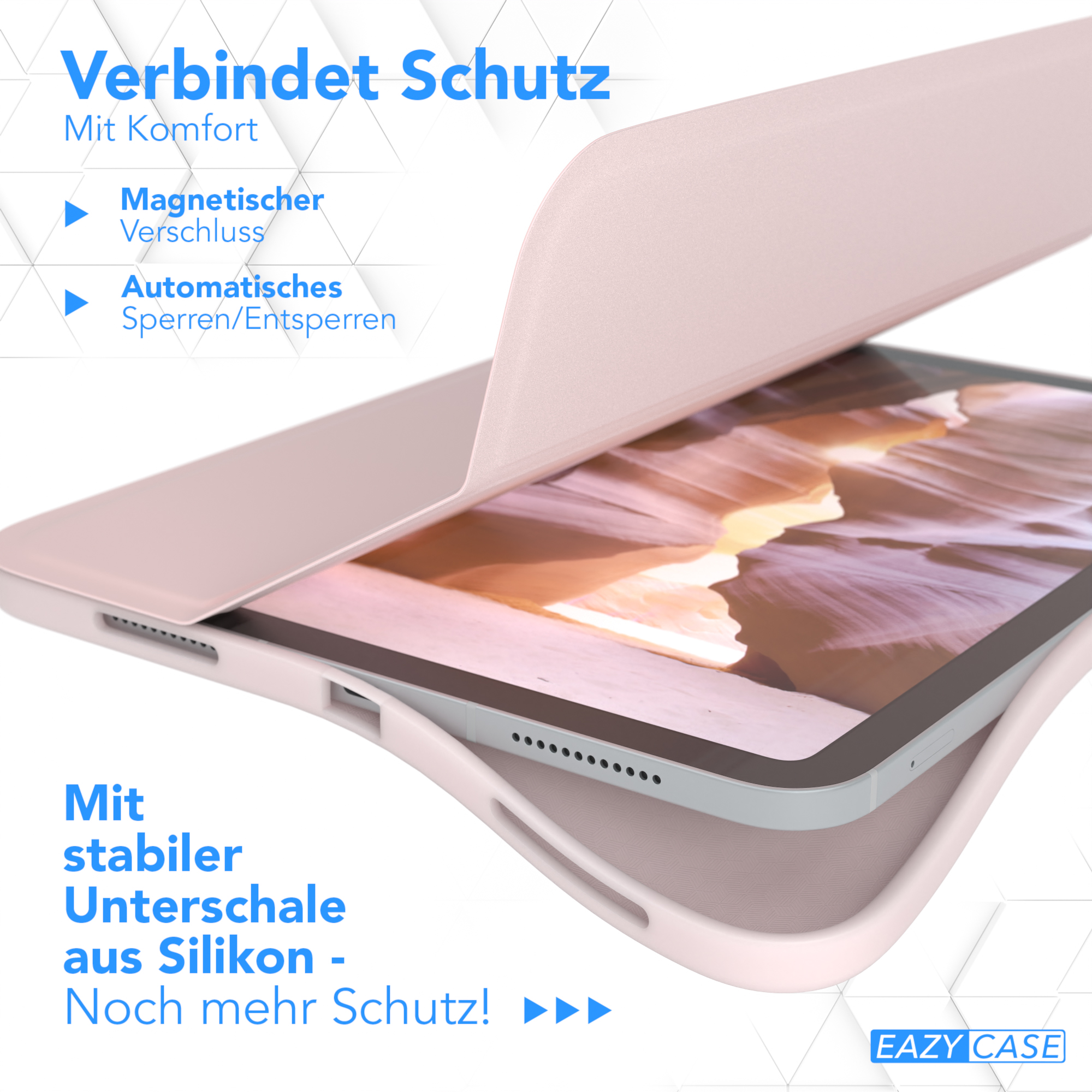 Rosa Tablet-Hülle, geöffnet. Text links. Das Tablet hat einen Bildschirm im Hintergrund.