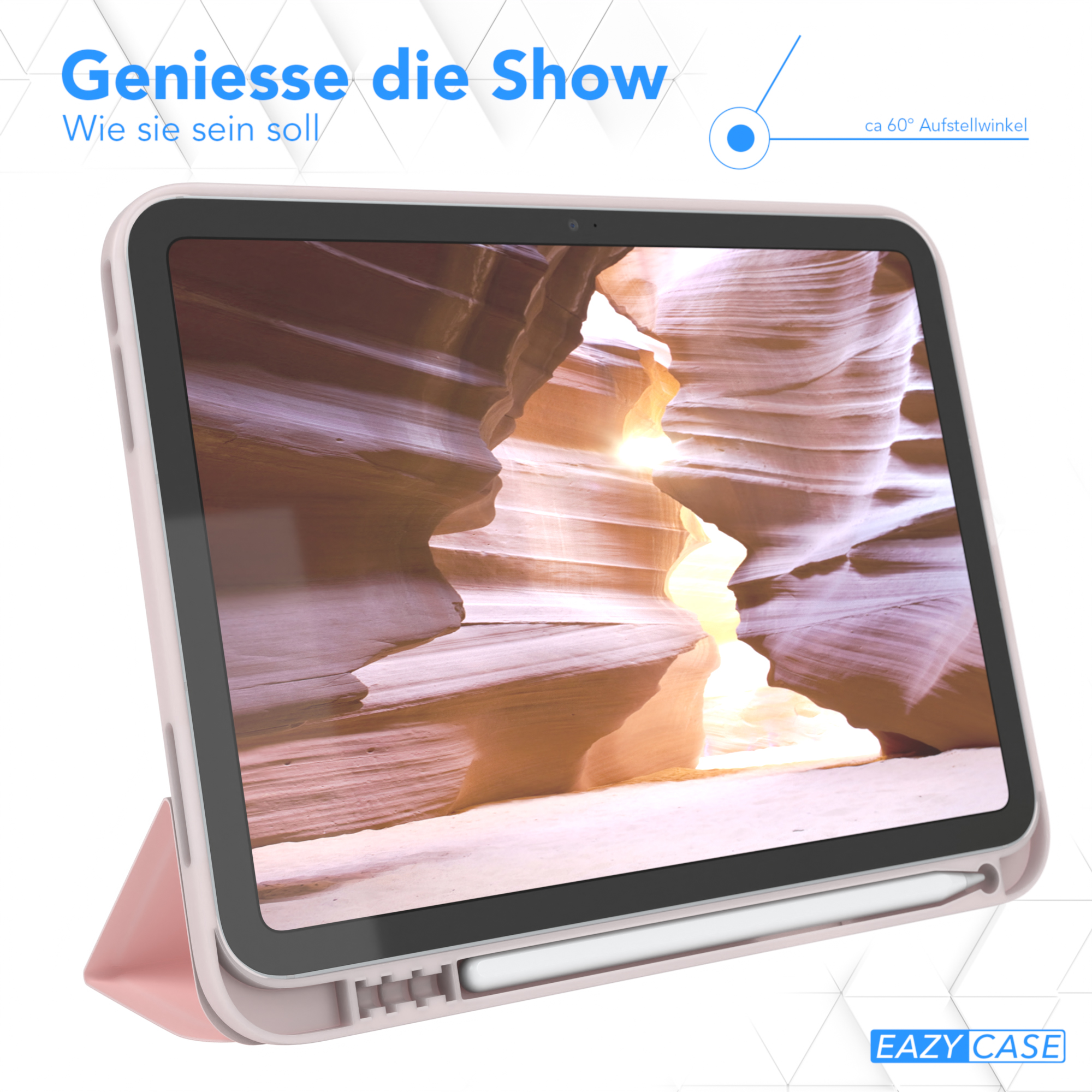 Ein Tablet in einem rosafarbenen Gehäuse wird angezeigt, das eine Schluchtszene zeigt, mit einem Stift.