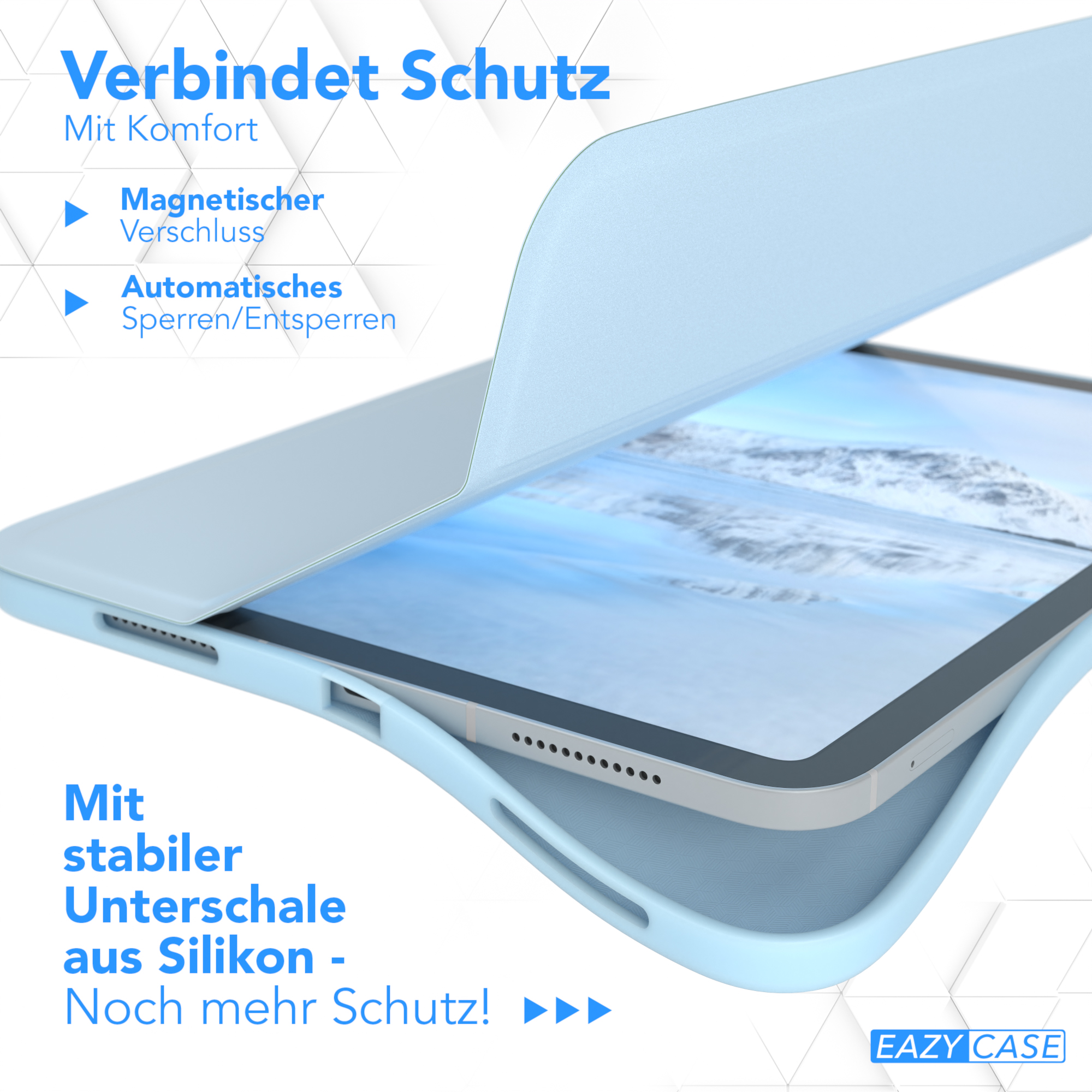 Tablet in blauer Hülle, offen, zeigt den Bildschirm, mit Text über Magnetverschluss und Schutz.