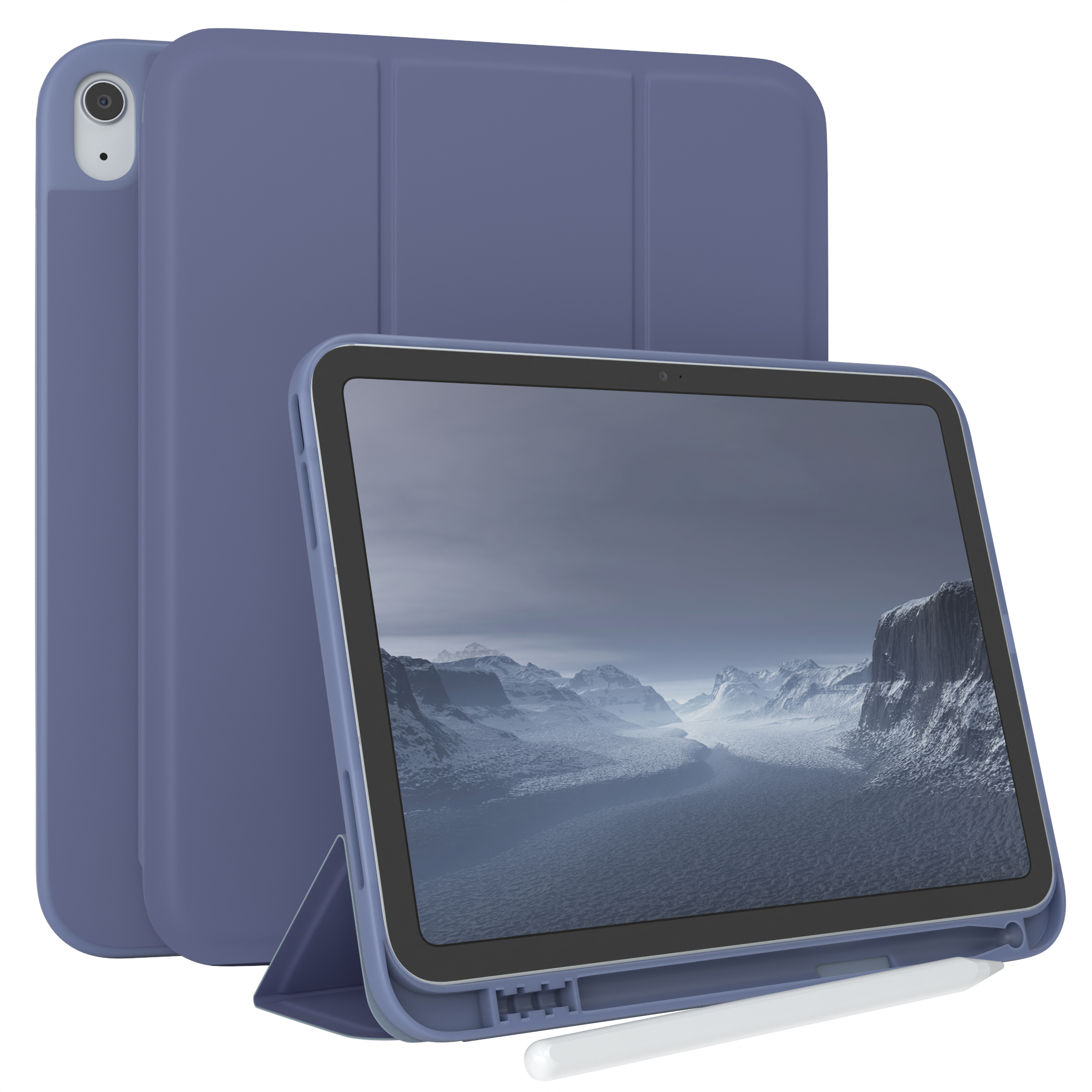 Blaues Tablet mit Hülle, Display zeigt eine Berglandschaft und einen Stift.
