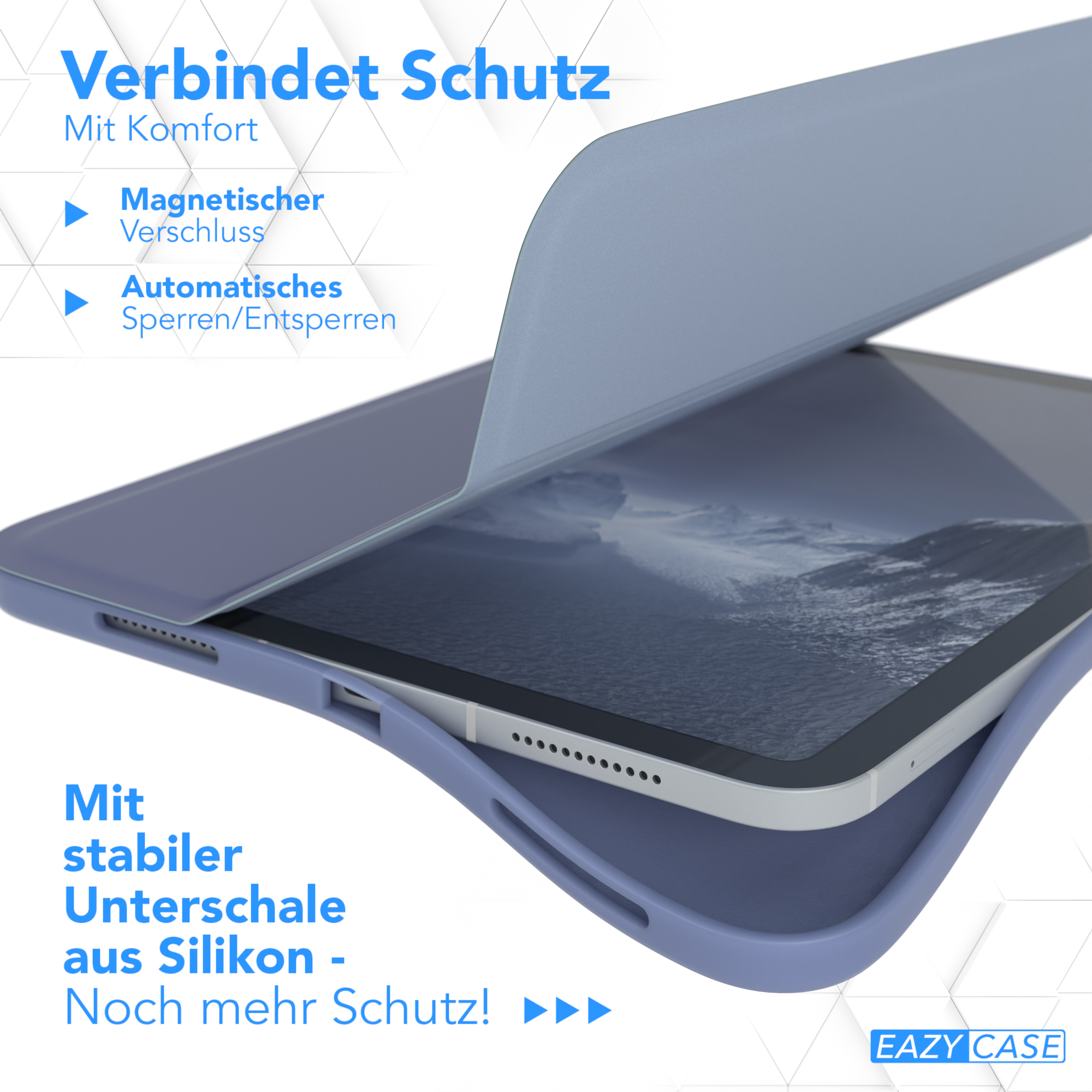 Ein Tablet in einer blauen Hülle. Die Hülle ist geöffnet und zeigt den Tablet-Bildschirm. Die Hülle ist aus Silikon.