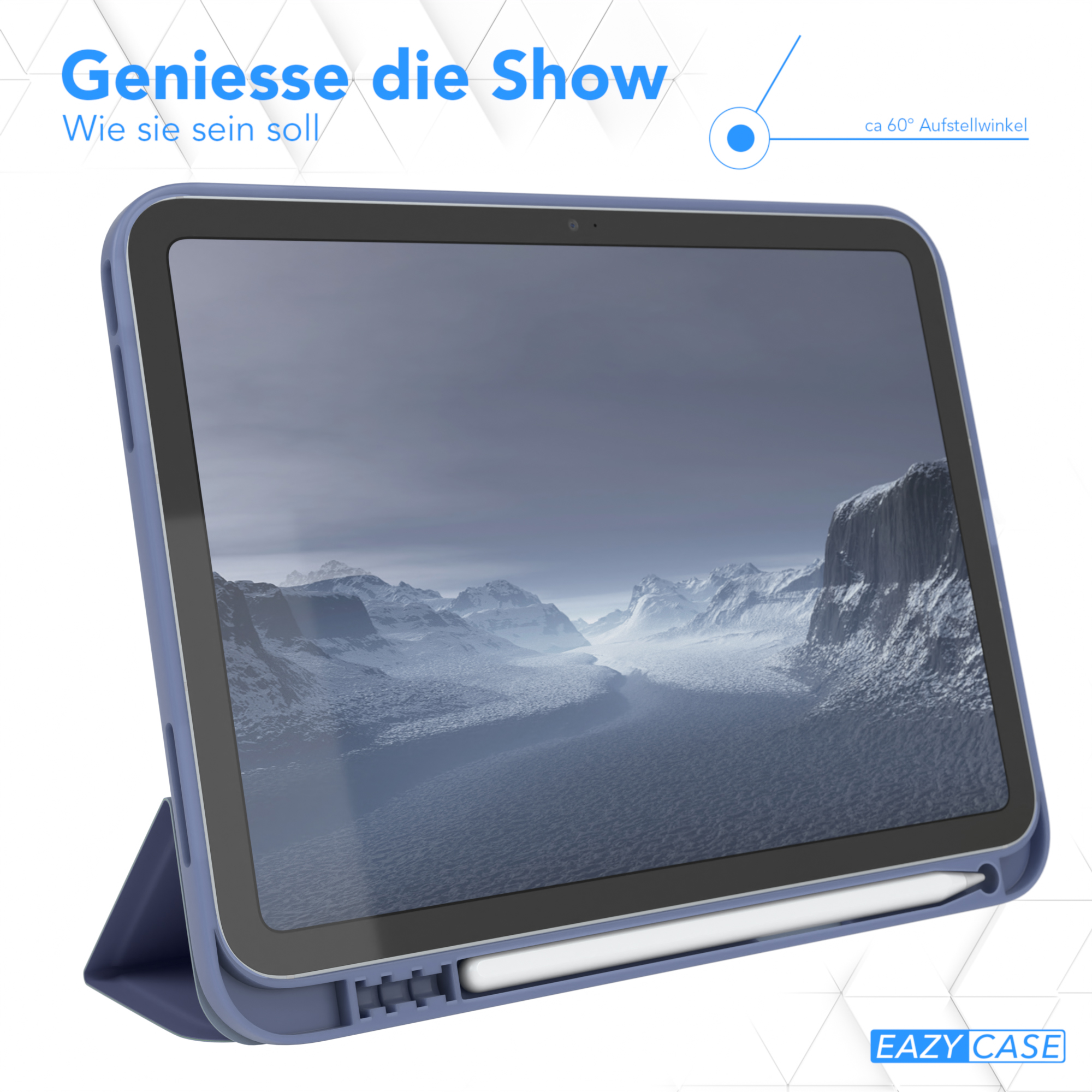Ein Tablet in einer blauen Hülle, aufgestellt, mit einem Stift.