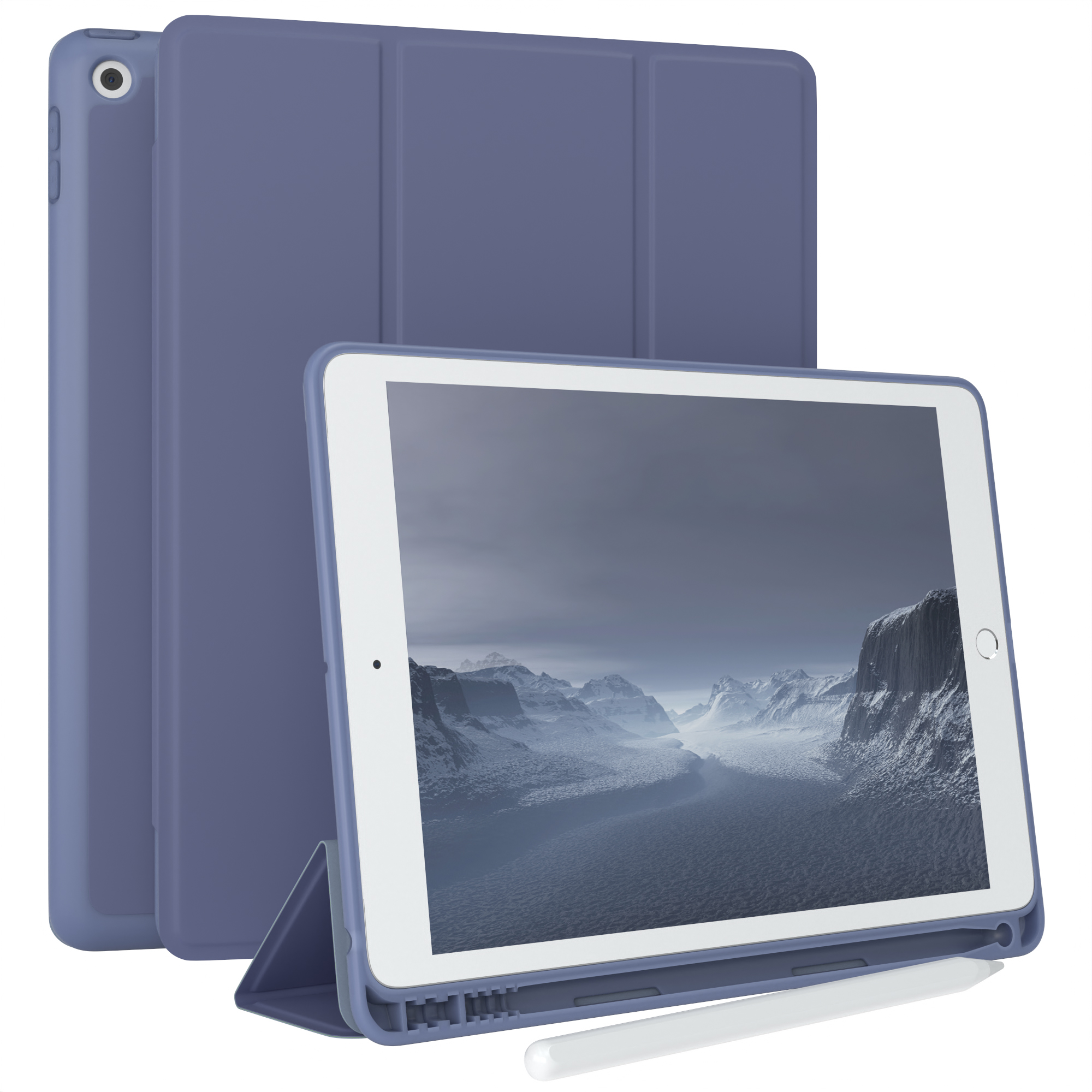 Lila Tablet-Hülle, offen. Ein Tablet mit weißem Bildschirm und Stift. Weißer Hintergrund.