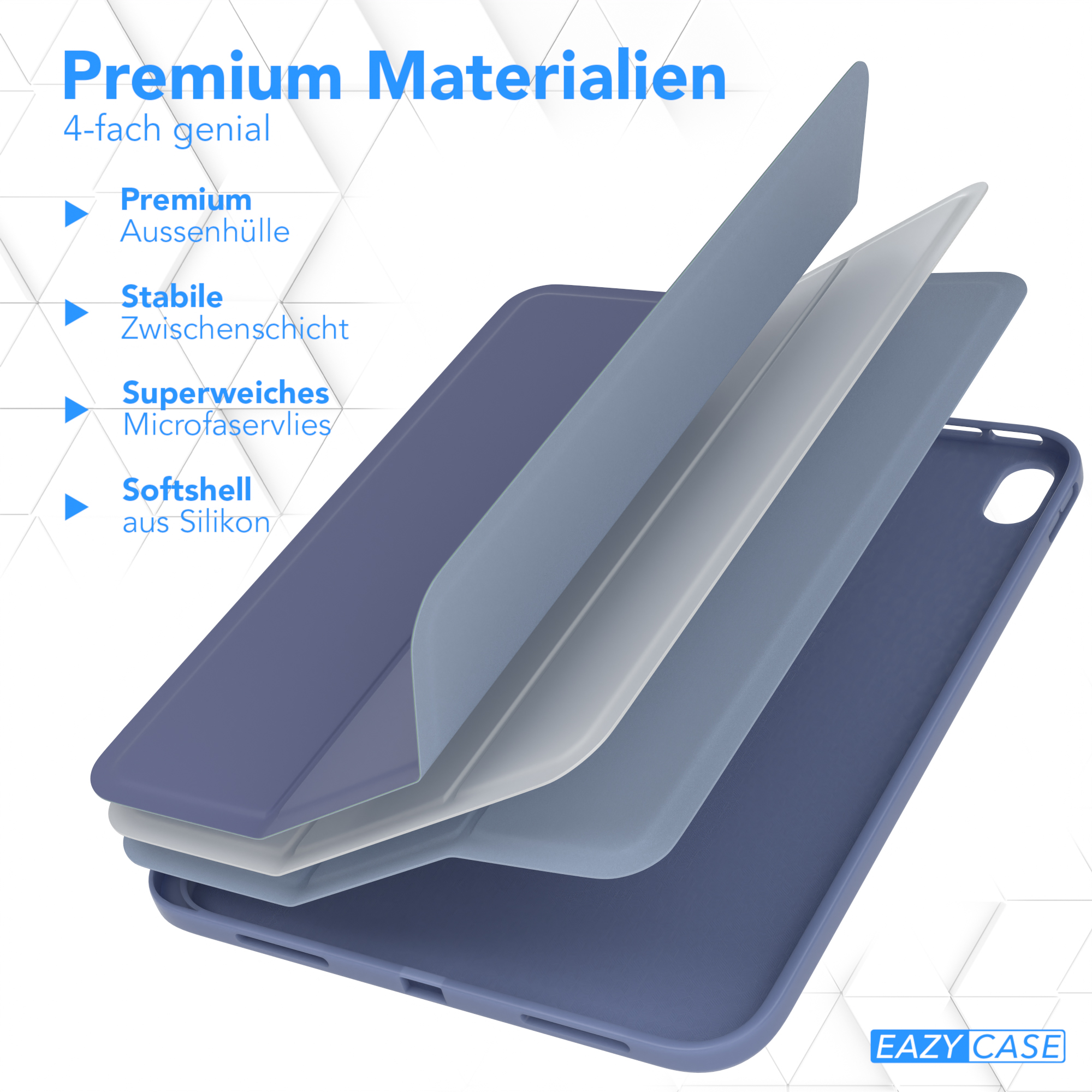 Handyhüllen-Schichten: Premium-Außenschale, stabile Zwischenschicht, weiche Mikrofaser. Blaue Farben.