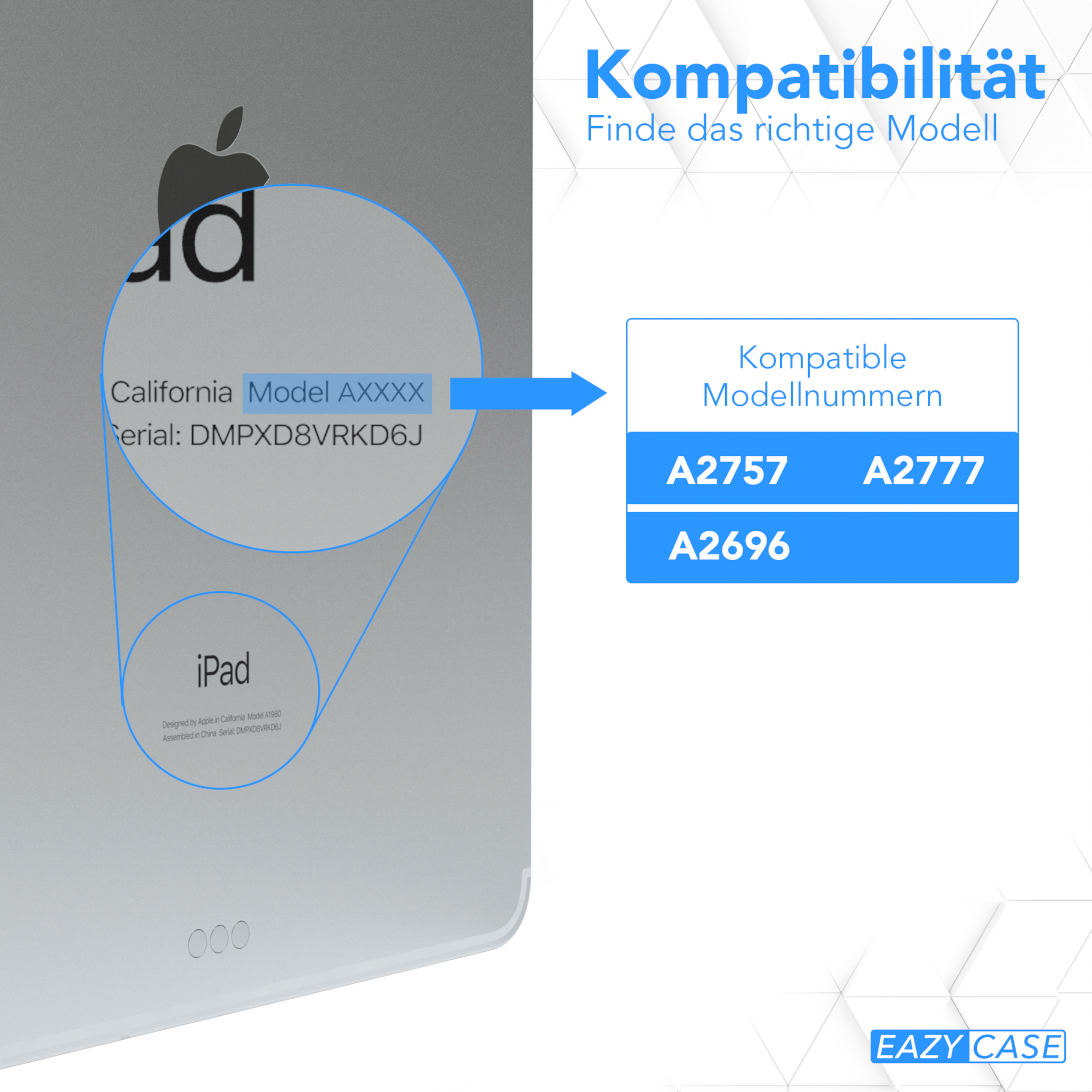iPad mit Seriennummer und kompatiblen Modellnummern, Text: Kompatibilität.