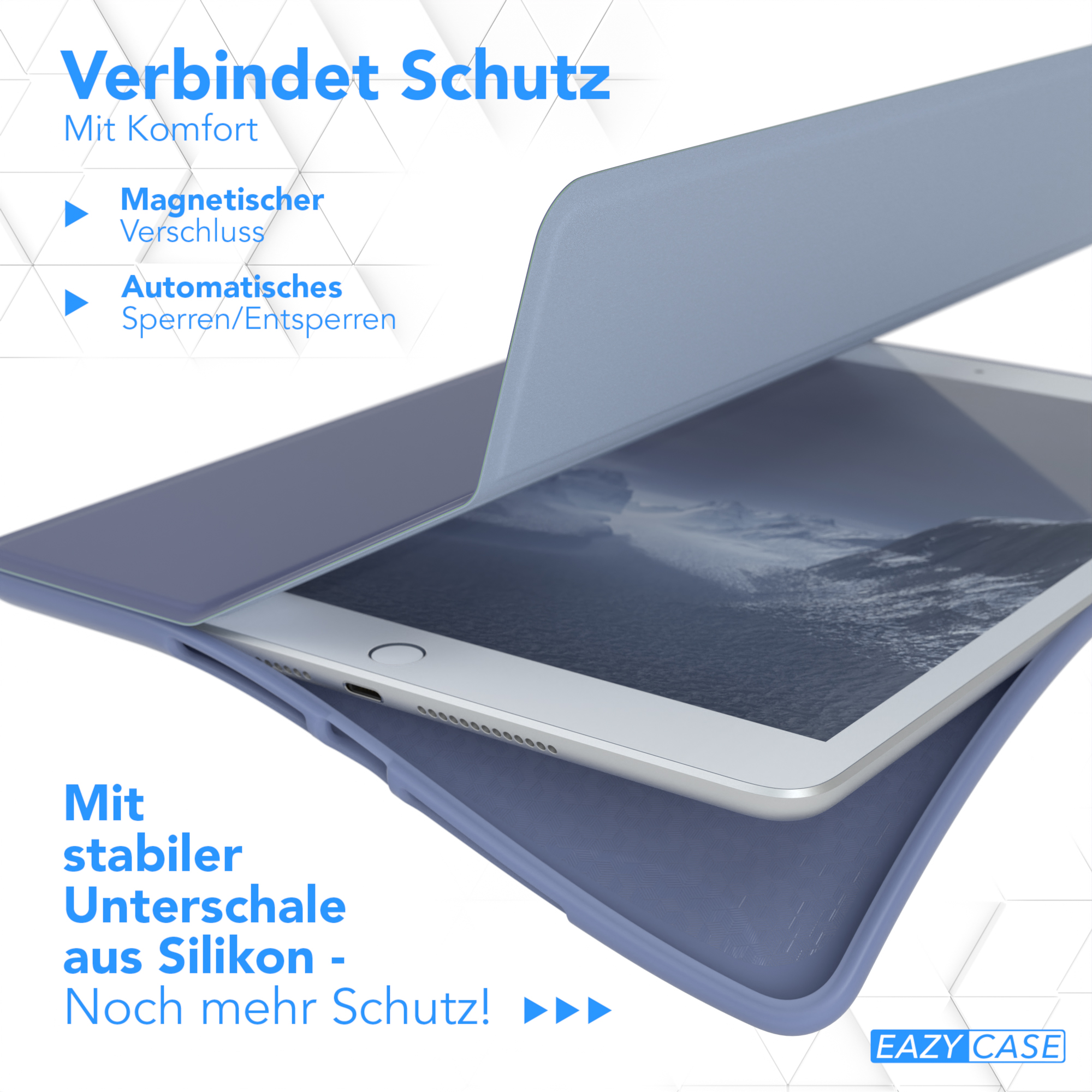 Tablet in blauer Hülle, teilweise geöffnet. Text: Magnetverschluss, Automatisches Schlafen/Aufwachen.