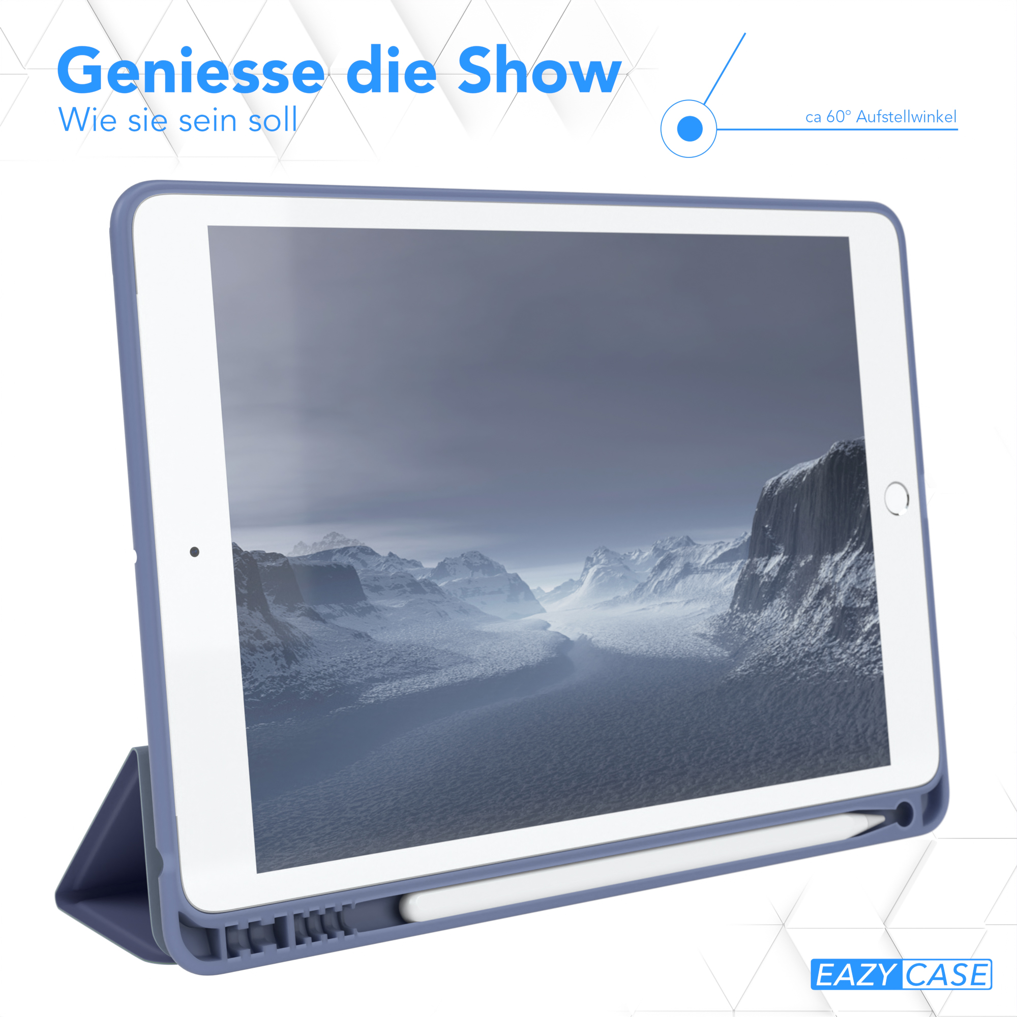 Tablet in blauem Gehäuse mit Stift auf einem Ständer.