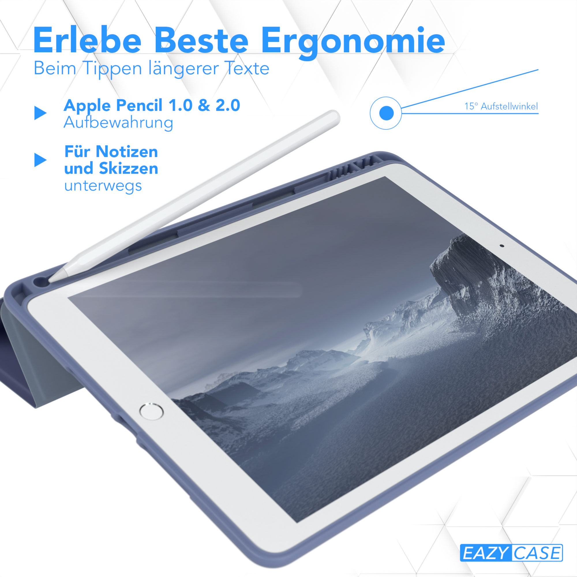 Tablet mit Stift. Blaue Hülle. Der Stift ist weiß. Text: Erlebe Beste Ergonomie. Eazy Case Logo unten.