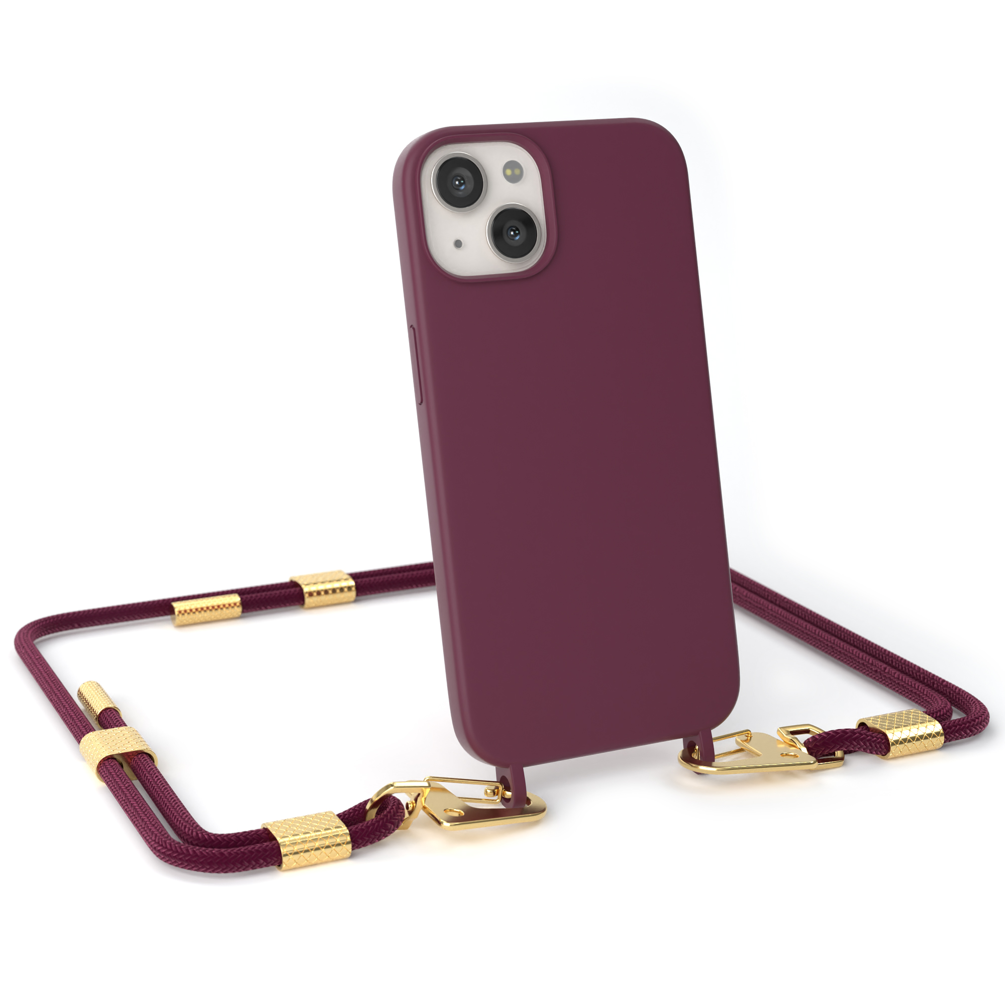 Burgunderfarbene Handyhülle mit goldenen Akzenten, befestigt an einem passenden Lanyard.