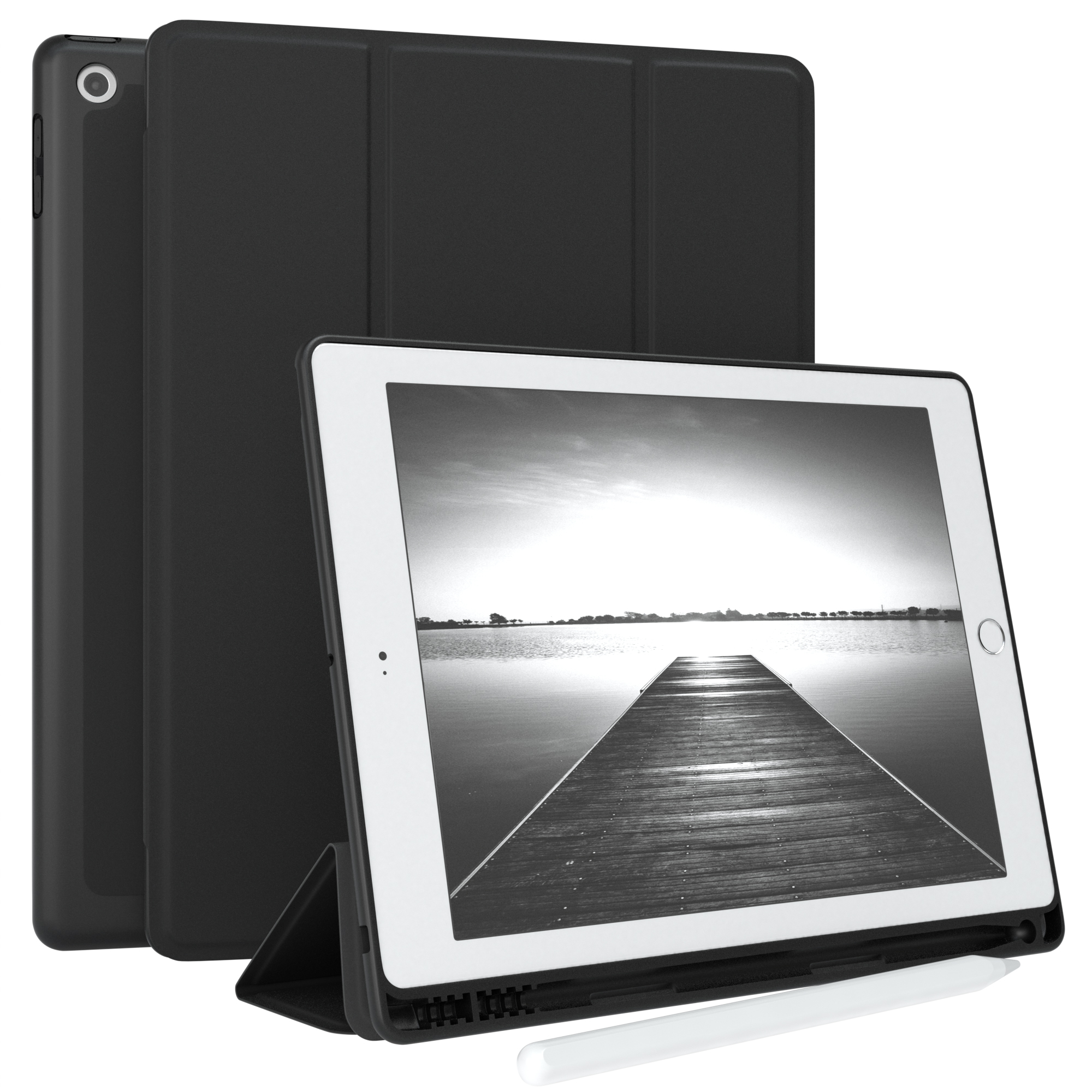 Schwarze iPad-Hülle und iPad. Der iPad-Bildschirm zeigt ein Graustufenbild eines Piers.