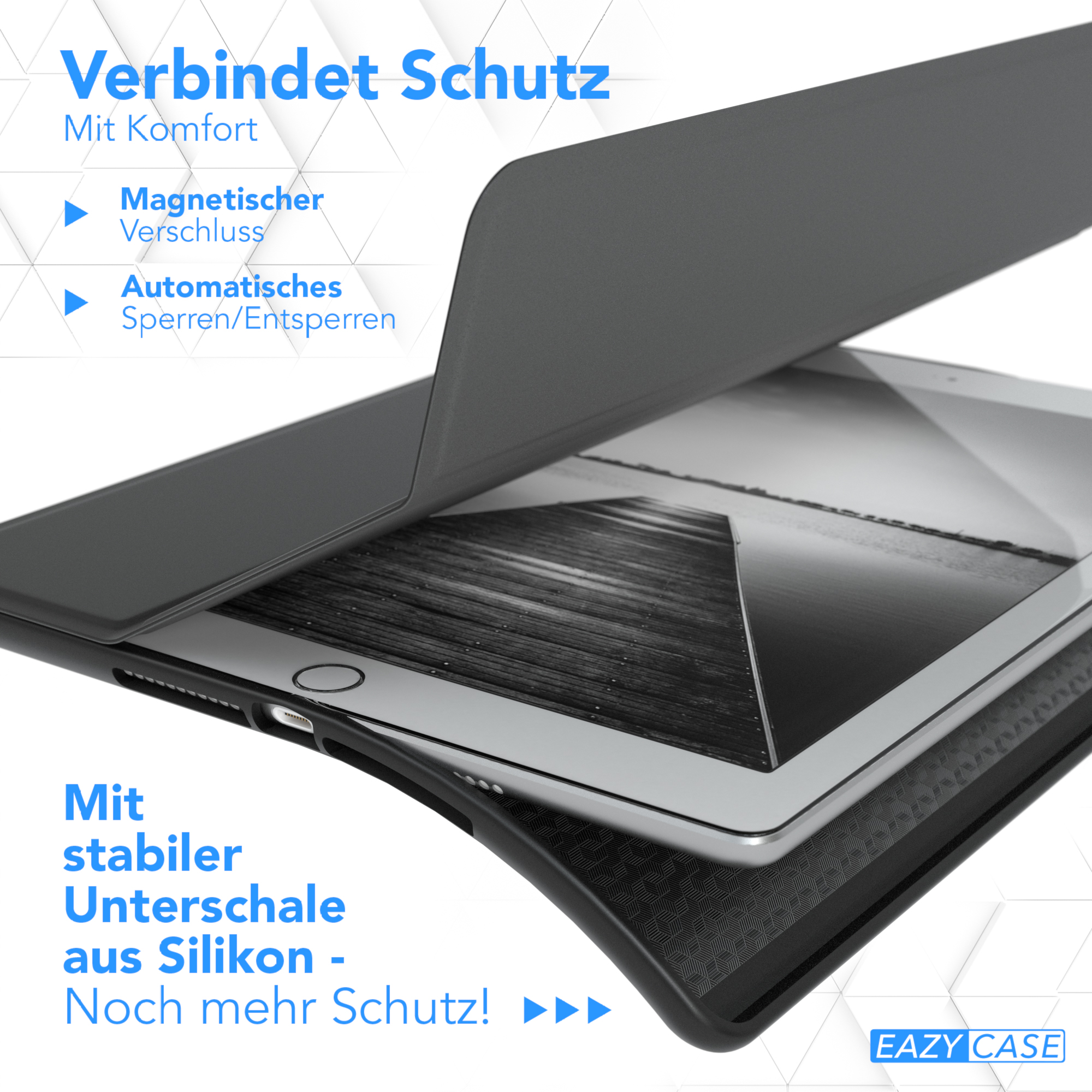Tablet-Hülle mit Magnetverschluss. Text: Magnetverschluss, Automatisches Ver- und Entriegeln, Silikon-Unterschale.