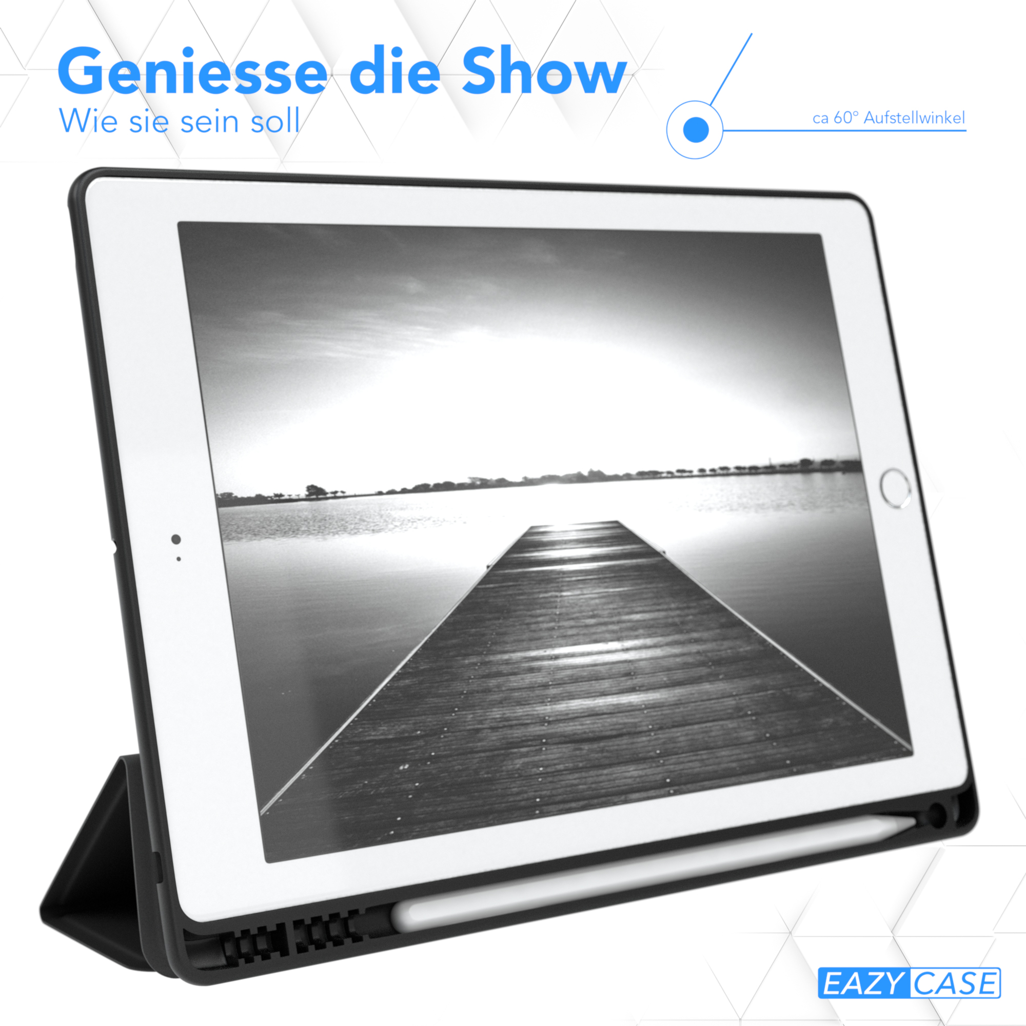 Tablet in einem Case, zeigt eine Holzbrücke auf dem Bildschirm, mit einem Stift.