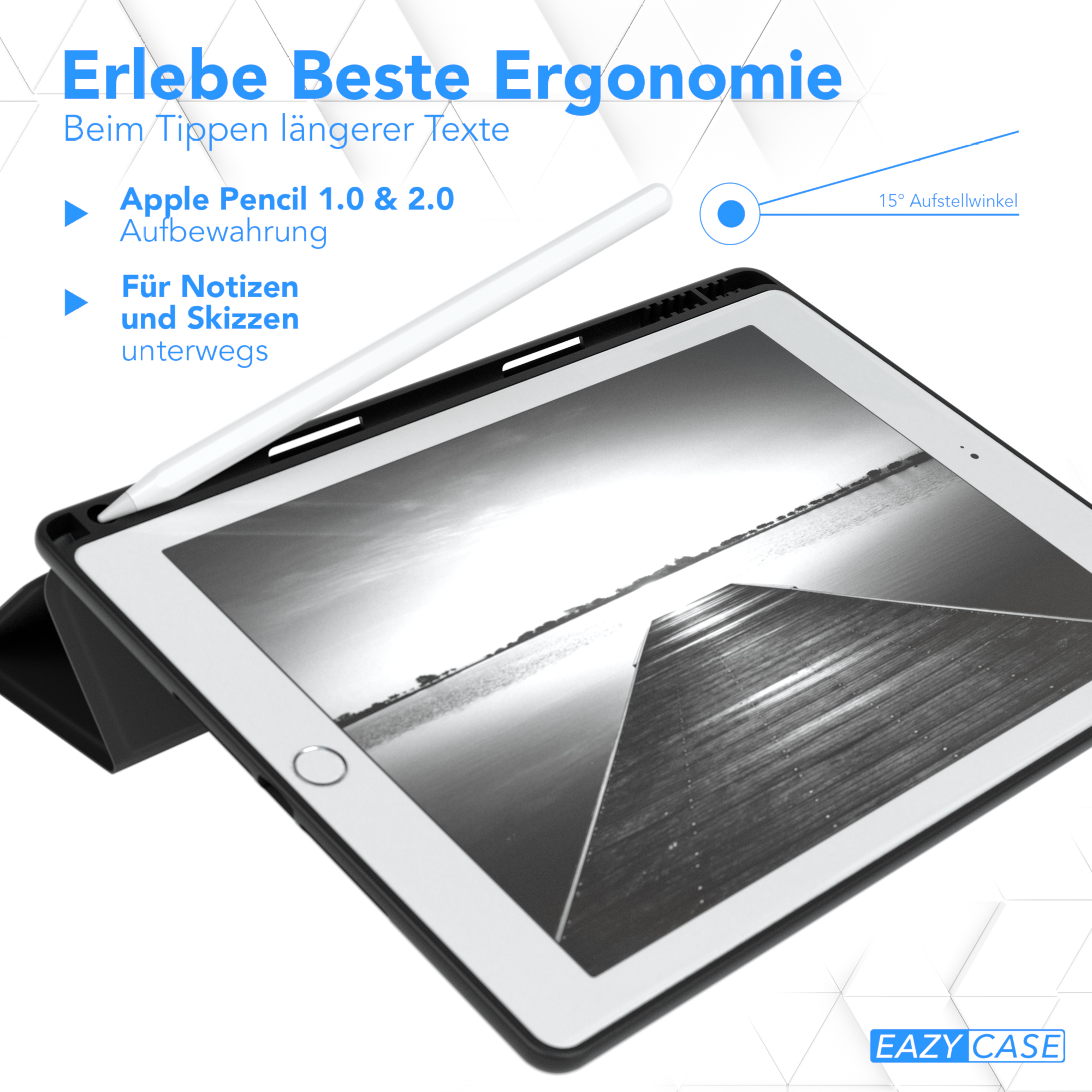 Eine Tablethülle mit einem Stift und einem Schwarz-Weiß-Bild von einem Gewässer.