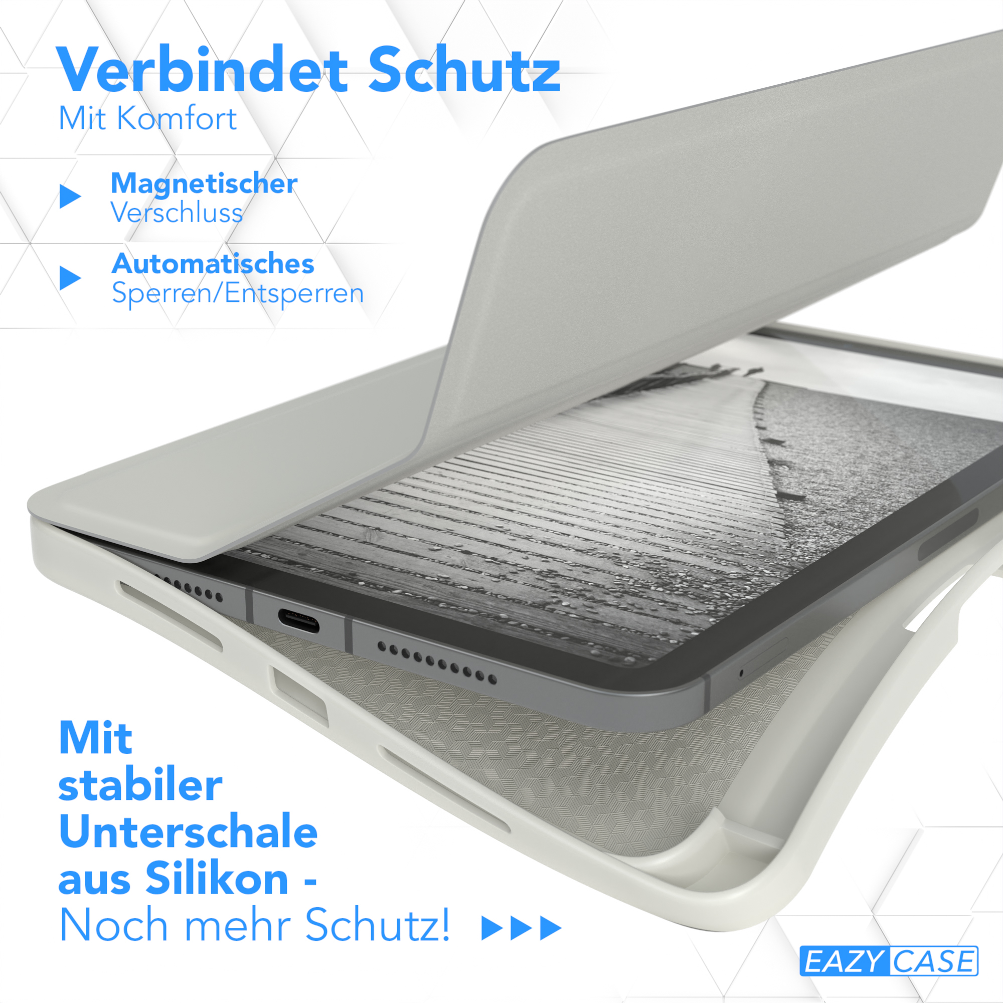 Ein Tablet befindet sich in einem Case. Das Case befindet sich in geöffneter Position und zeigt den Bildschirm des Tablets.