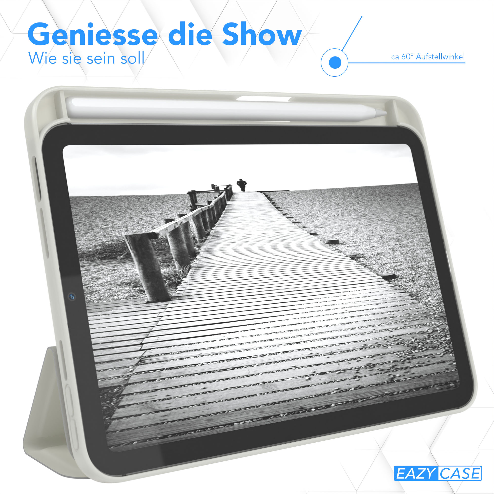 Tablet in einer Hülle mit einem Schwarz-Weiß-Bild eines Piers. Ein Stift liegt obenauf.