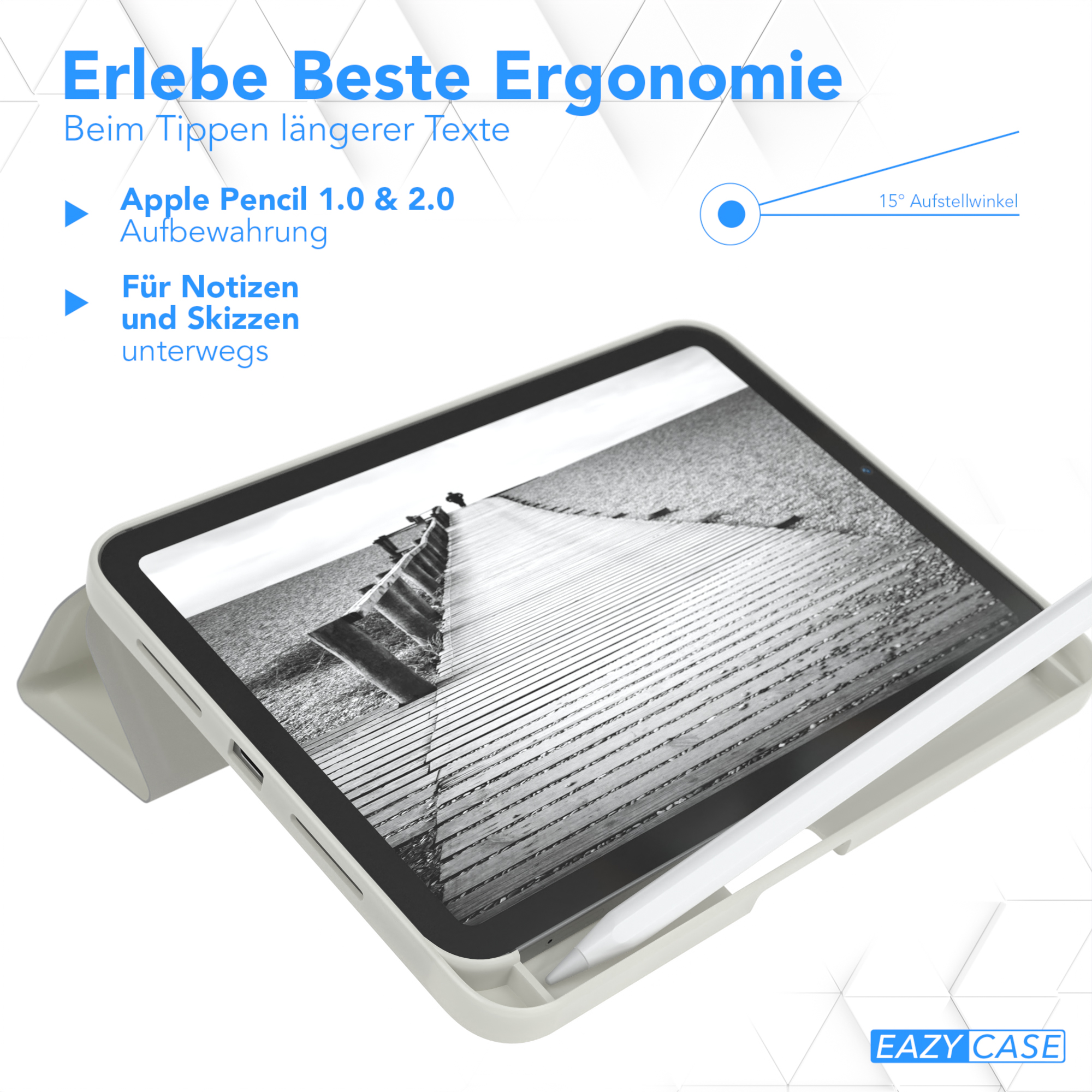 Ein Tablet mit Stift und Hülle. Das Tablet ist in einem 15-Grad-Winkel aufgestellt.