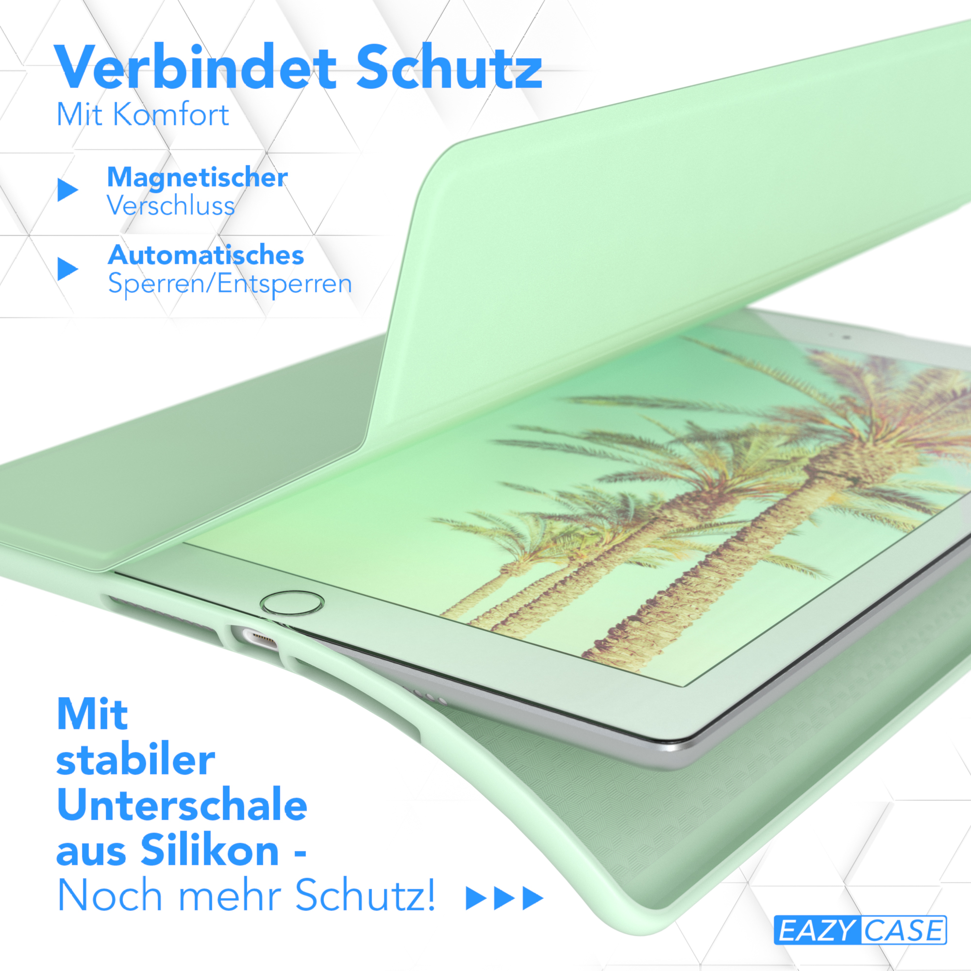 Ein Tablet in einer grünen Hülle ist geöffnet. Der Bildschirm zeigt eine tropische Szene.