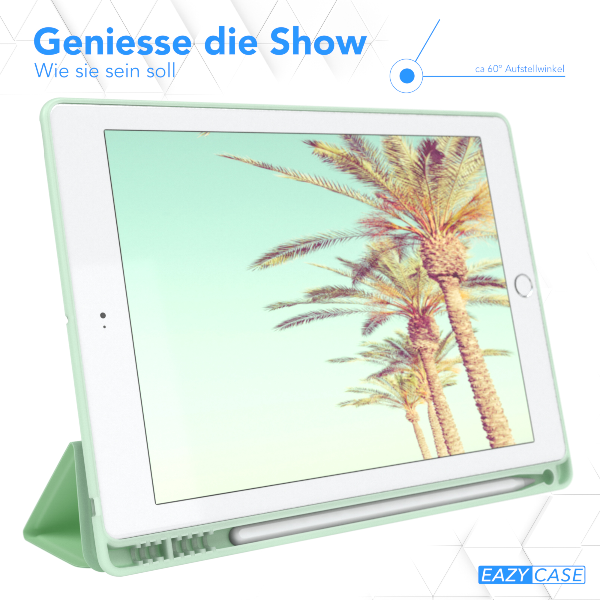 Tablet in grüner Hülle mit Strandmotiv. Palmen und Himmel im Hintergrund.