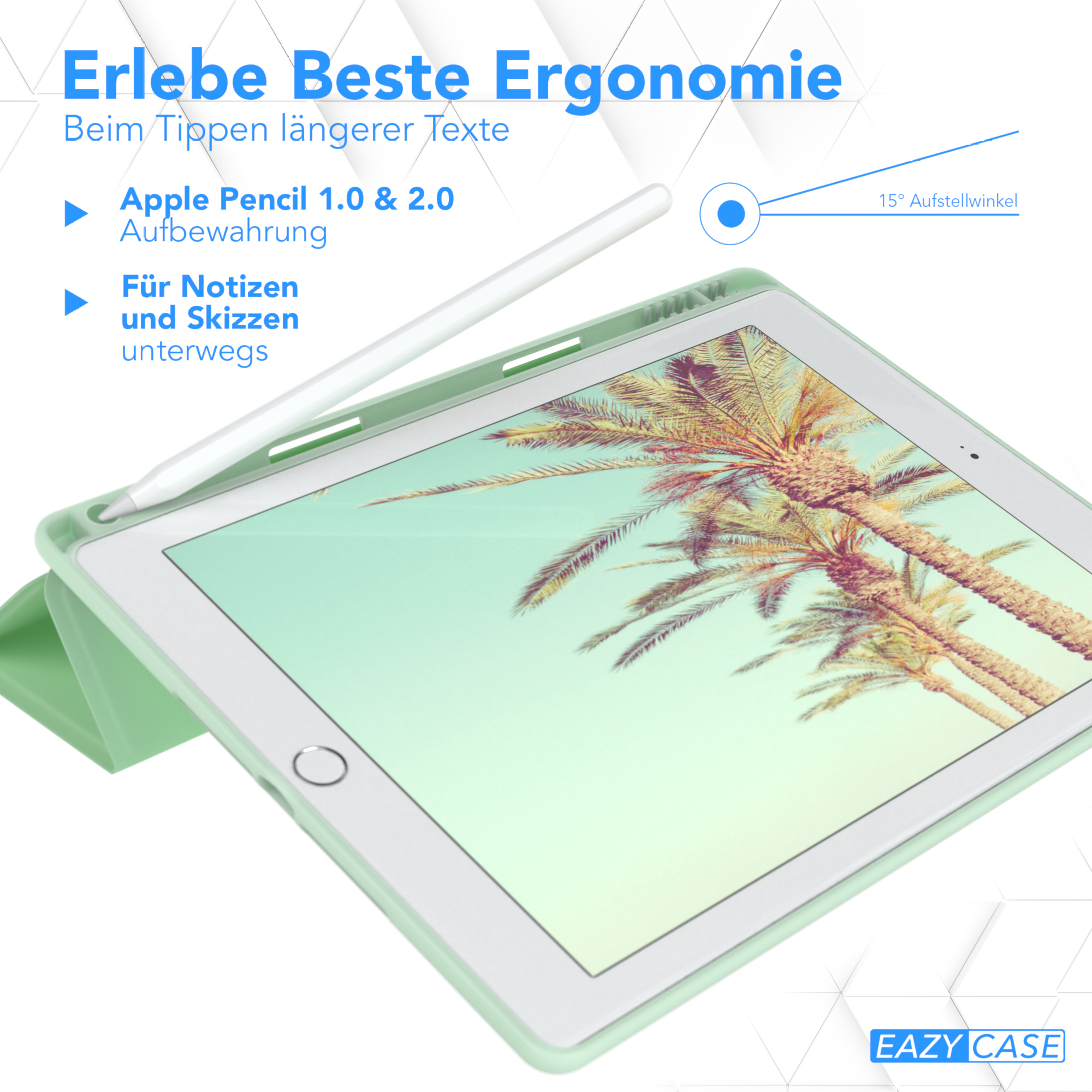 Grünes Tablet mit Stift, grüner Hülle und Palmen. Text über Ergonomie und Notizen.