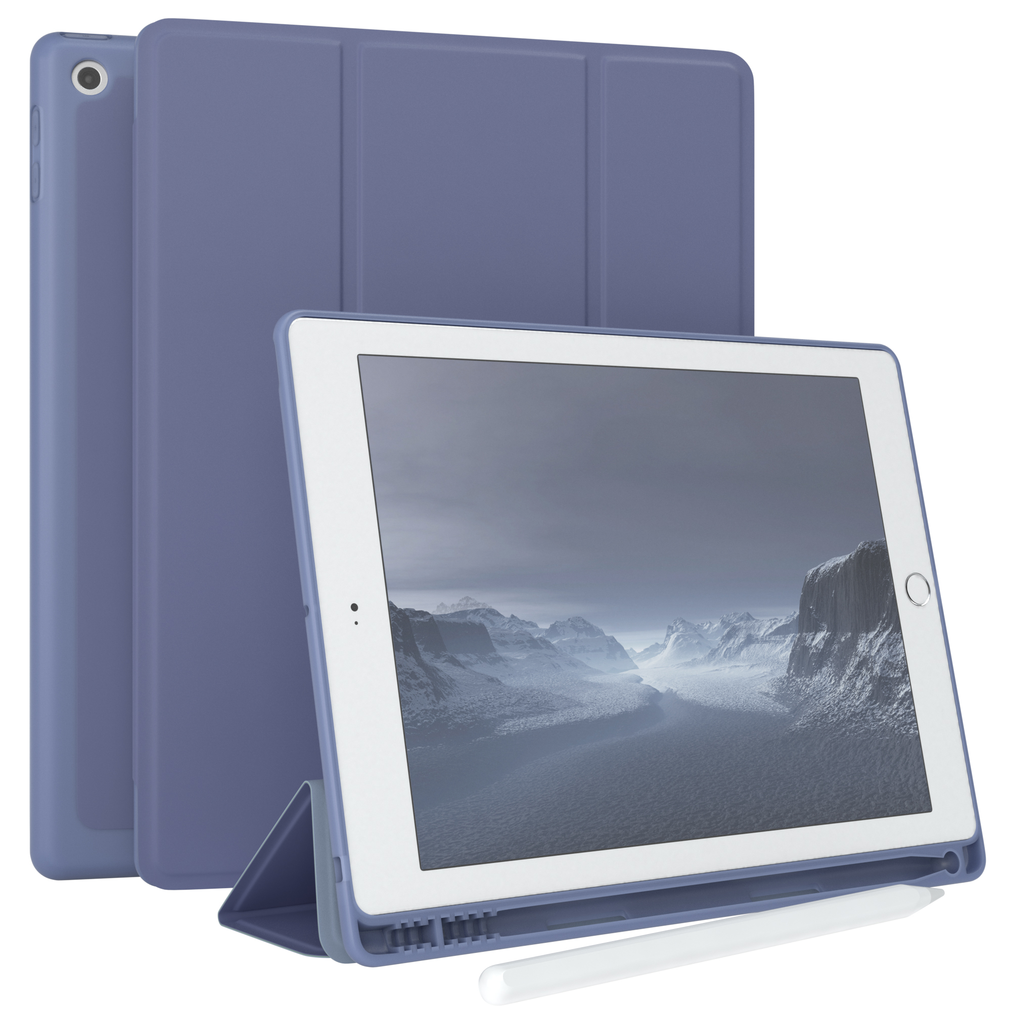 Blaues Tablet mit Hülle, Display zeigt eine Berglandschaft und einen Stift.