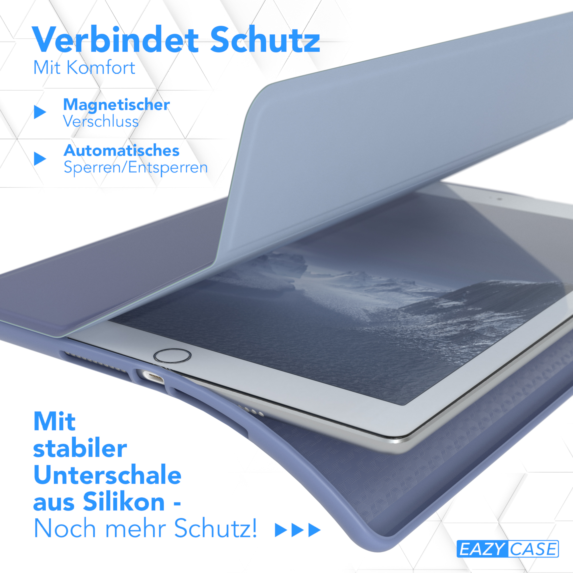 Tablet in blauem Case, zeigt den Bildschirm, mit Text über Magnetverschluss und Schutz.