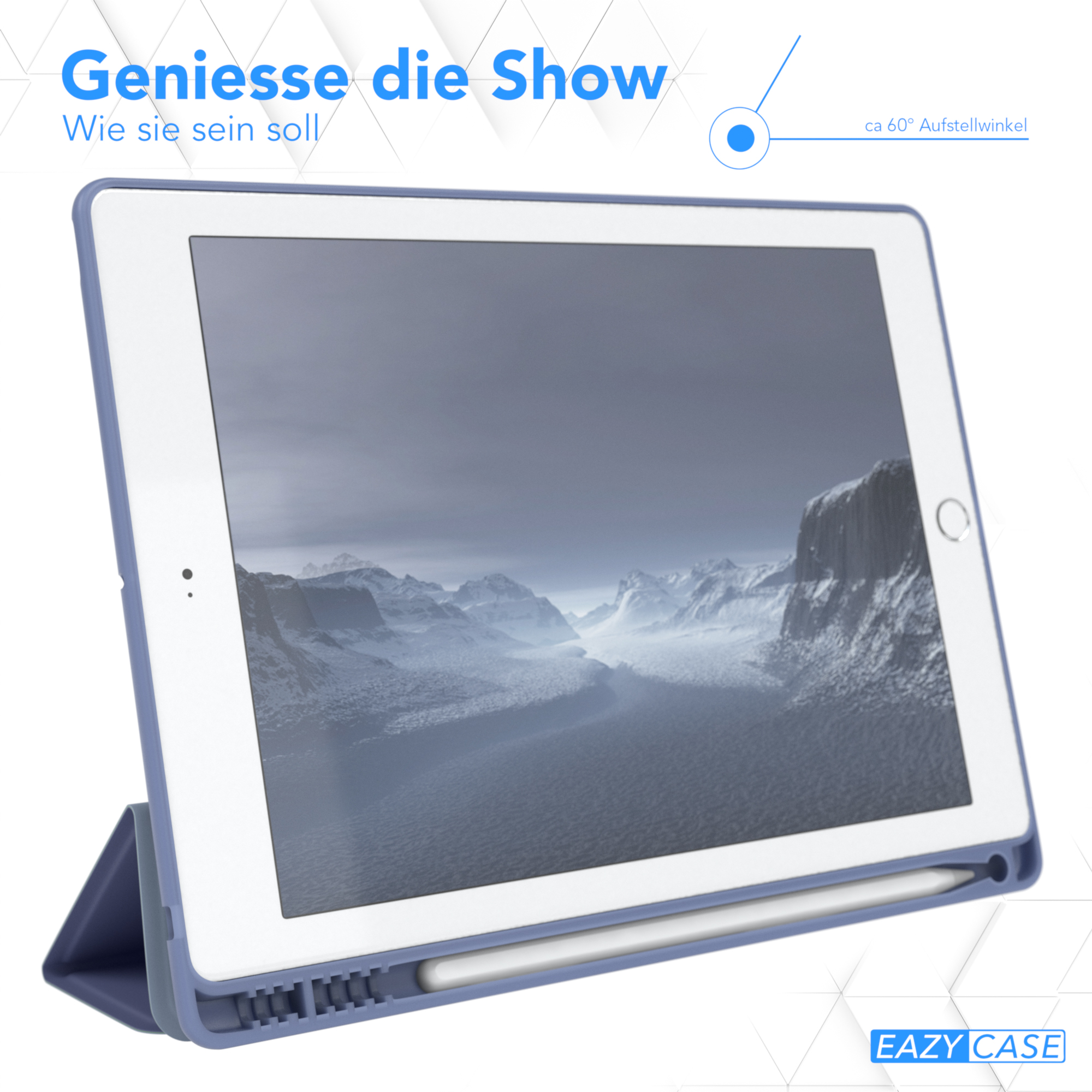 Tablet mit Stift in einer Hülle. Blaue Hülle. Weißer Hintergrund.