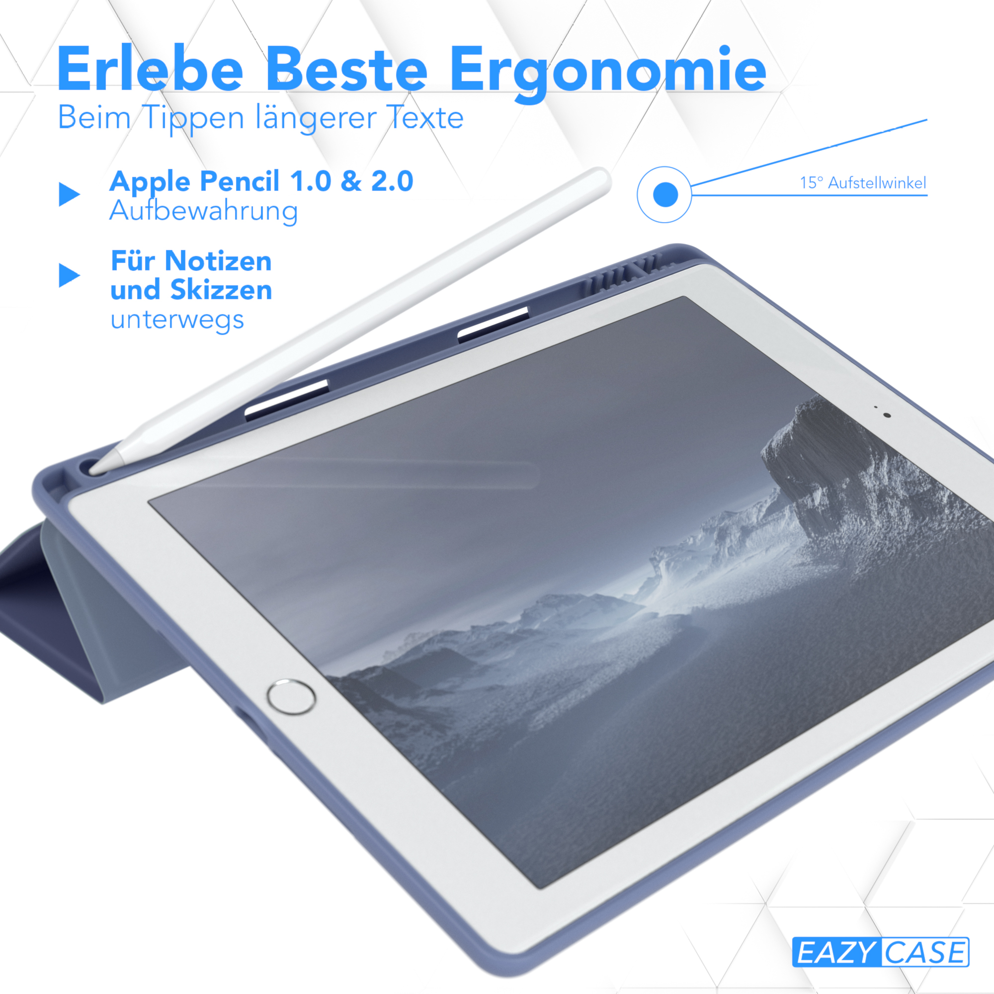 Blaues Tablet mit Stift. Weißer Stift. Weißer Hintergrund, blauer Text. Tablet in Hülle.