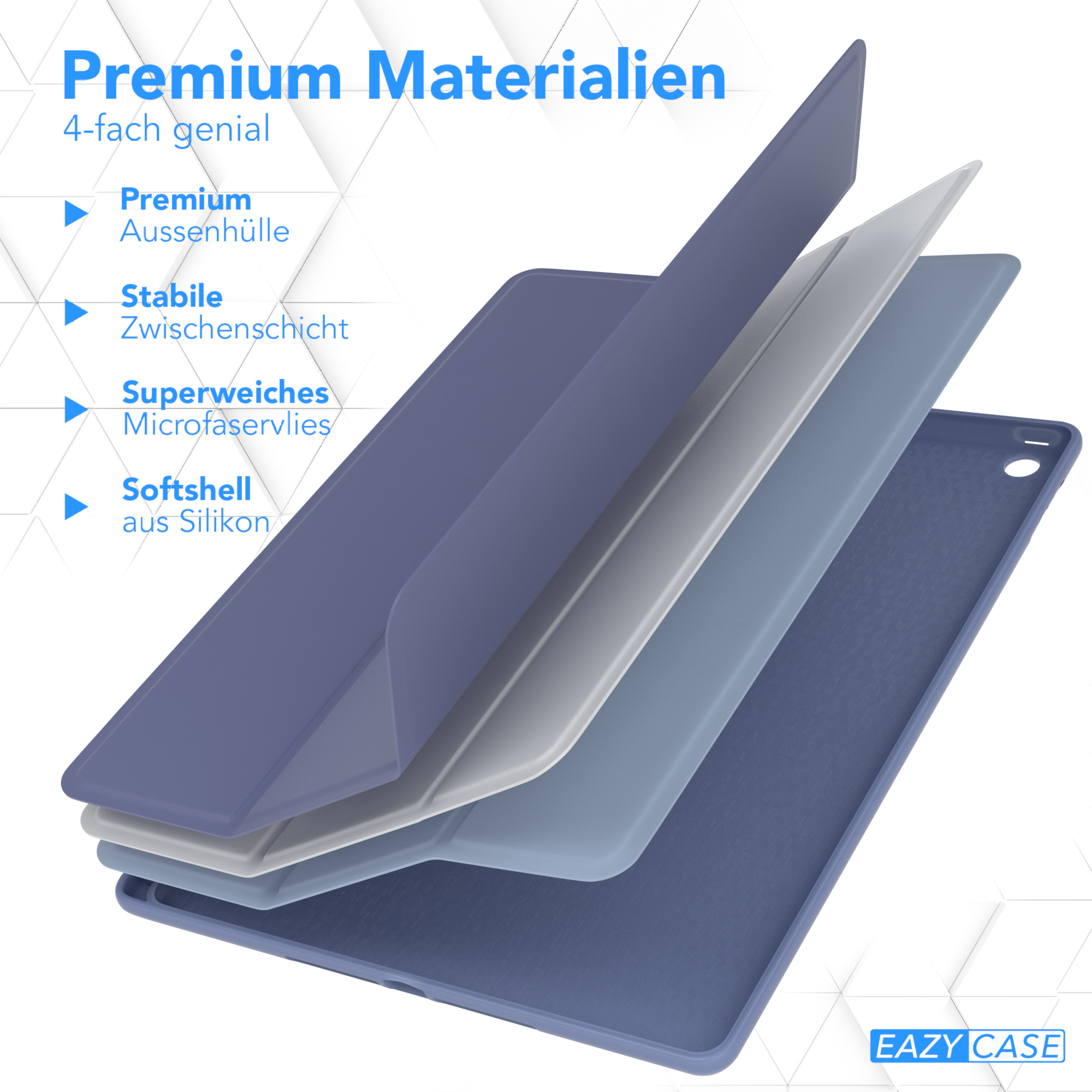 Mehrschichtige Tablet-Hülle. Obere Schicht blau, mit weißen, hellblauen und dunkelblauen Schichten darunter. Text zeigt Materialien.