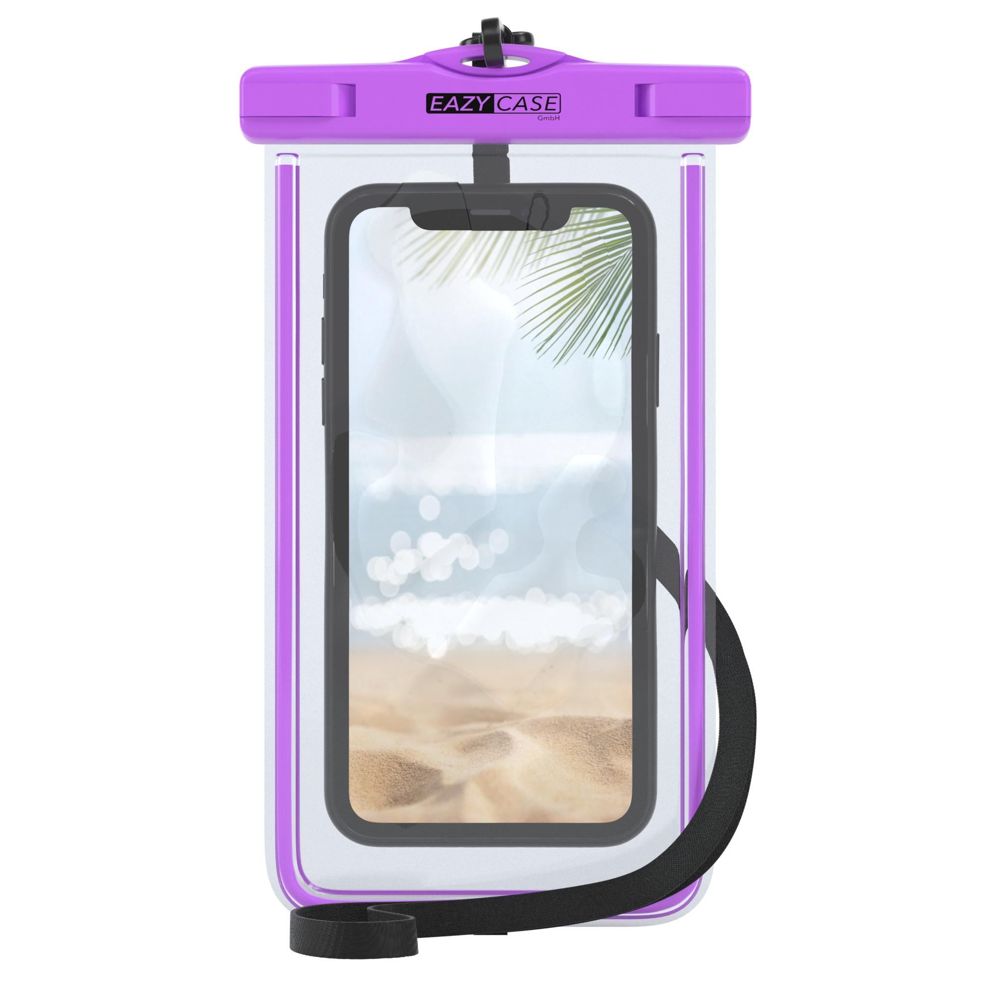 Lila Handyhülle mit schwarzem Riemen. Telefon zeigt Strand und Wasser. Eazy Case Logo.