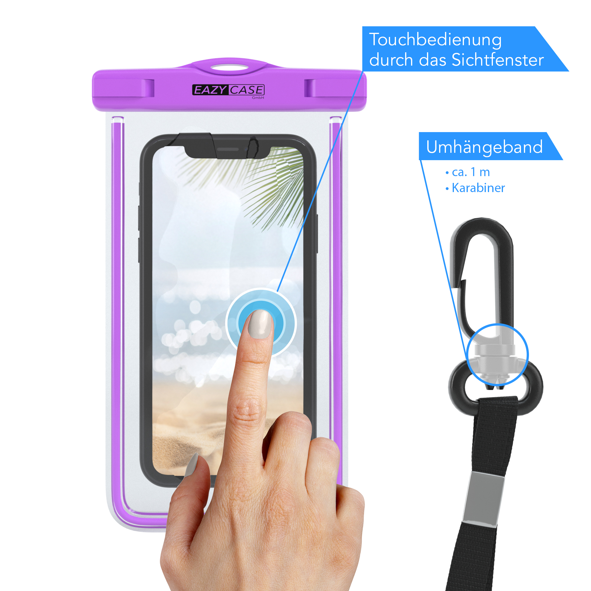 Eine Hand berührt ein Telefon in einer wasserdichten Hülle mit Riemen und Karabiner.