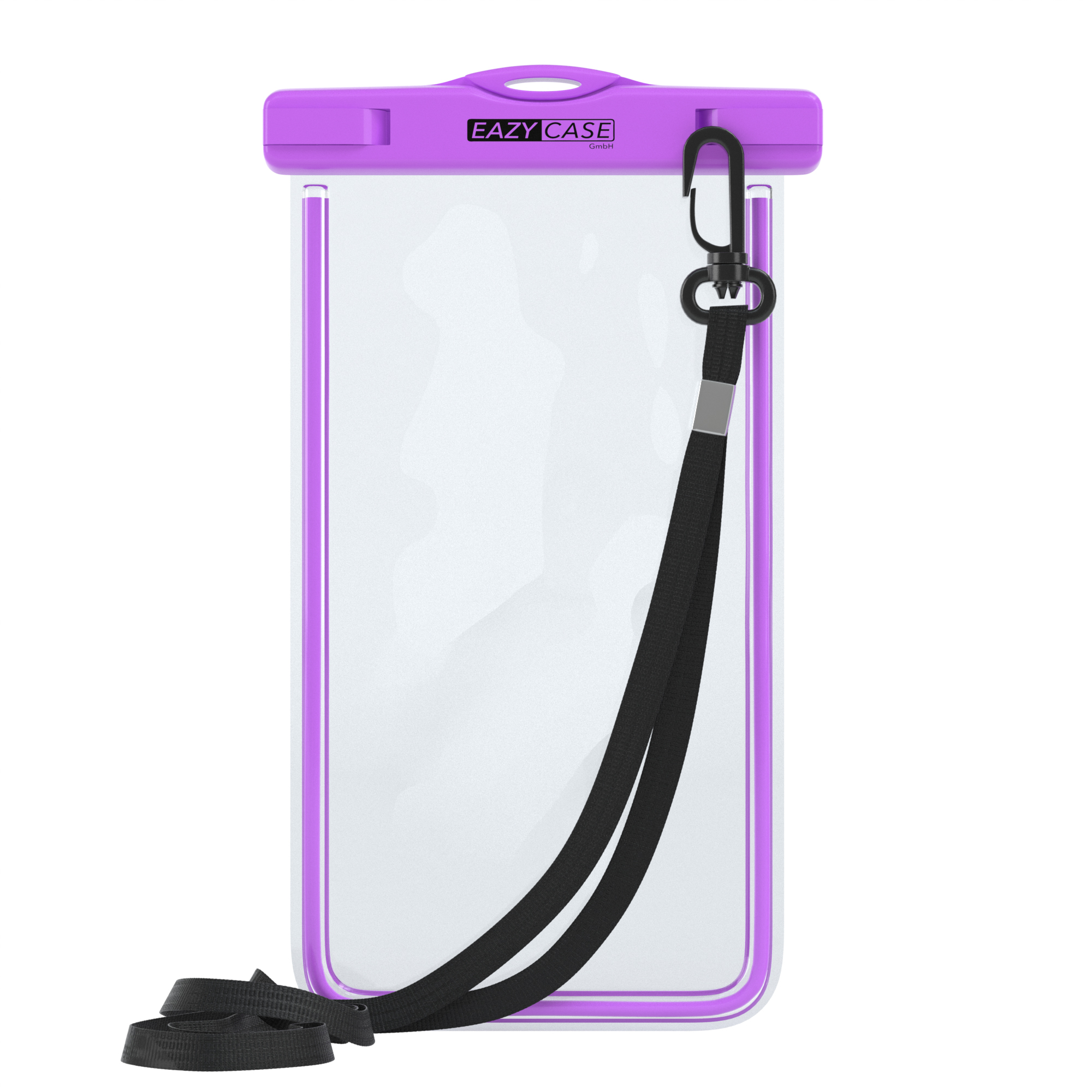 Lila wasserdichte Handyhülle mit schwarzem Umhängeband. EAZY CASE-Branding.
